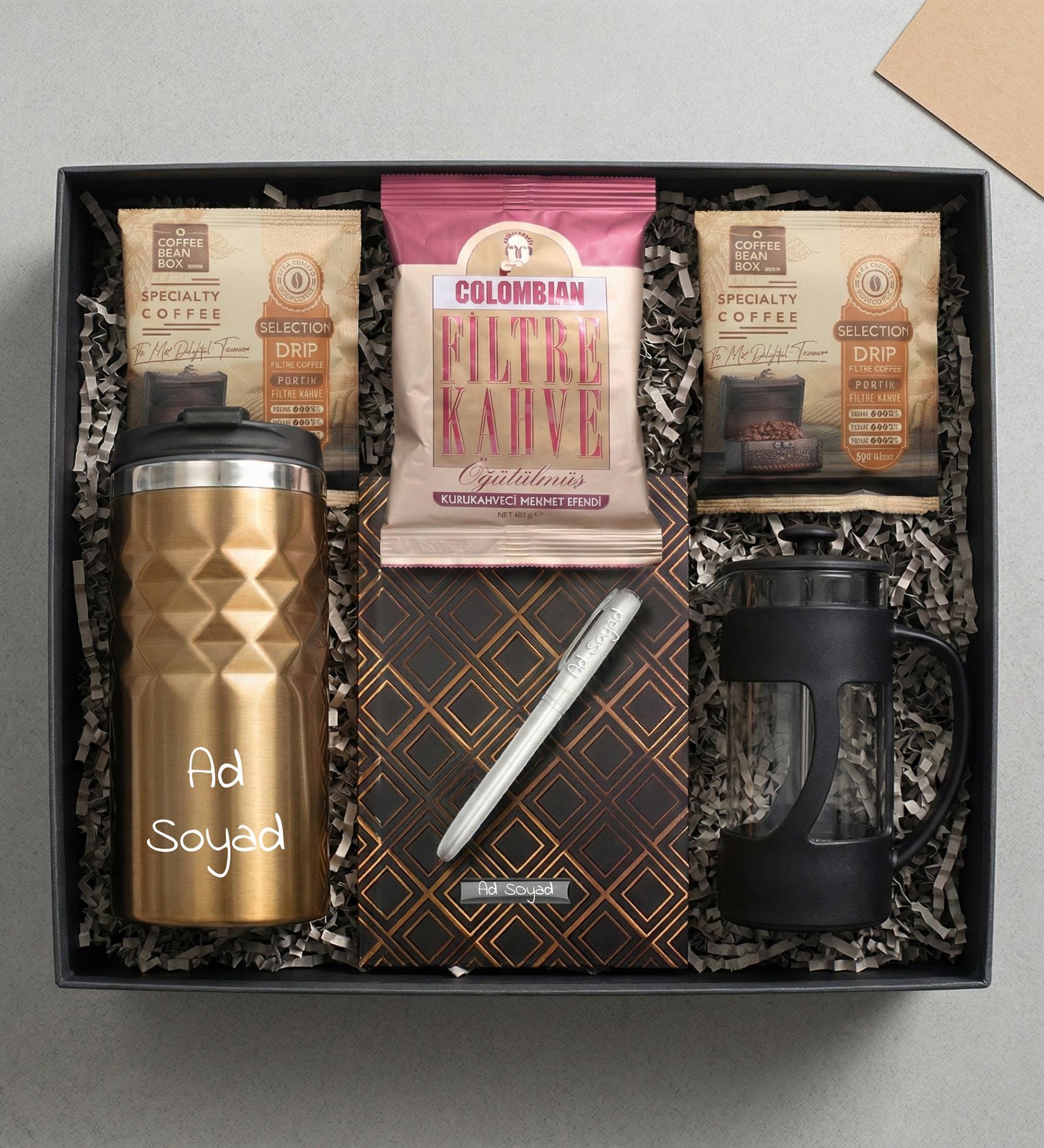 Kişiye Özel Gold Geometrik Termos & French Press & Defter & Kalem & Filtre Kahve & 2'li Pratik Filtre Kahve