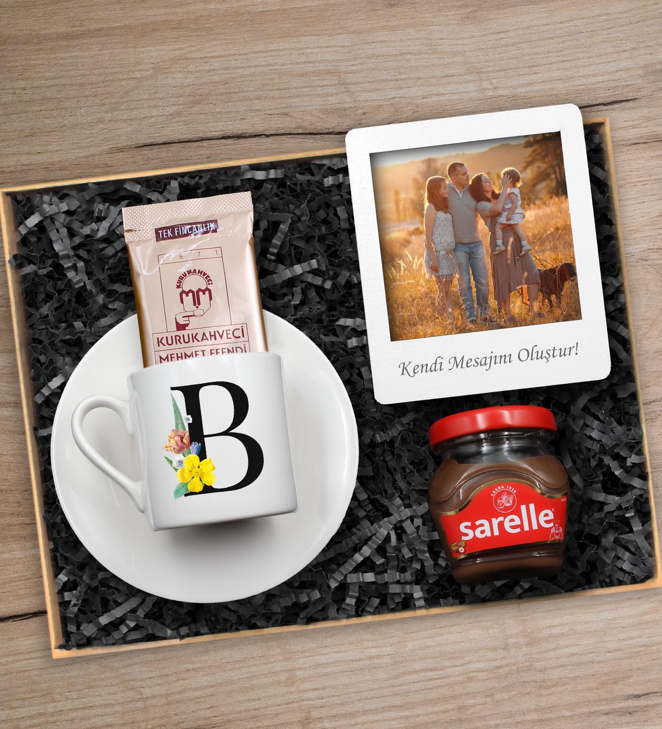 Kişiye Özel Harf Fincan & Fotoğraflı Çerçeve & Mini Sarelle & Mehmet Efendi Kahve Hediye Seti