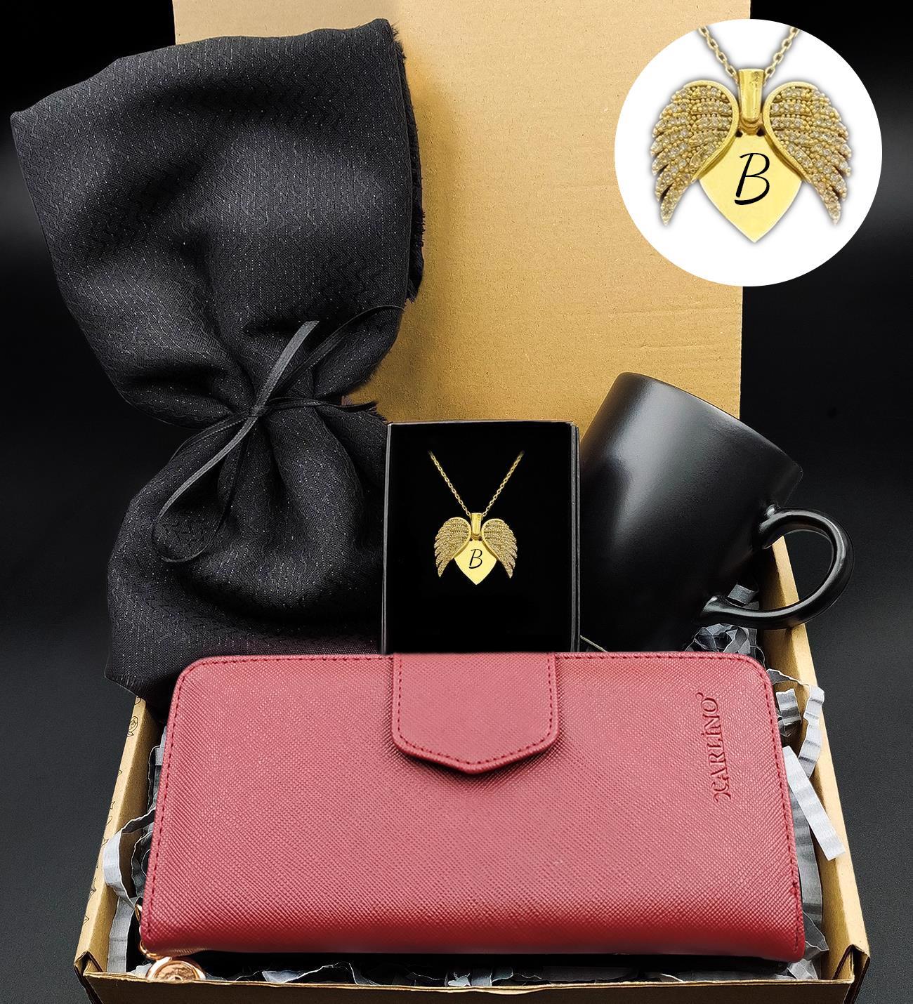Kişiye Özel Harf Tasarım Melek Kanat Kalp Kolye & Şal & Bordo Kadın Cüzdan & Siyah Kupa Hediye Seti
