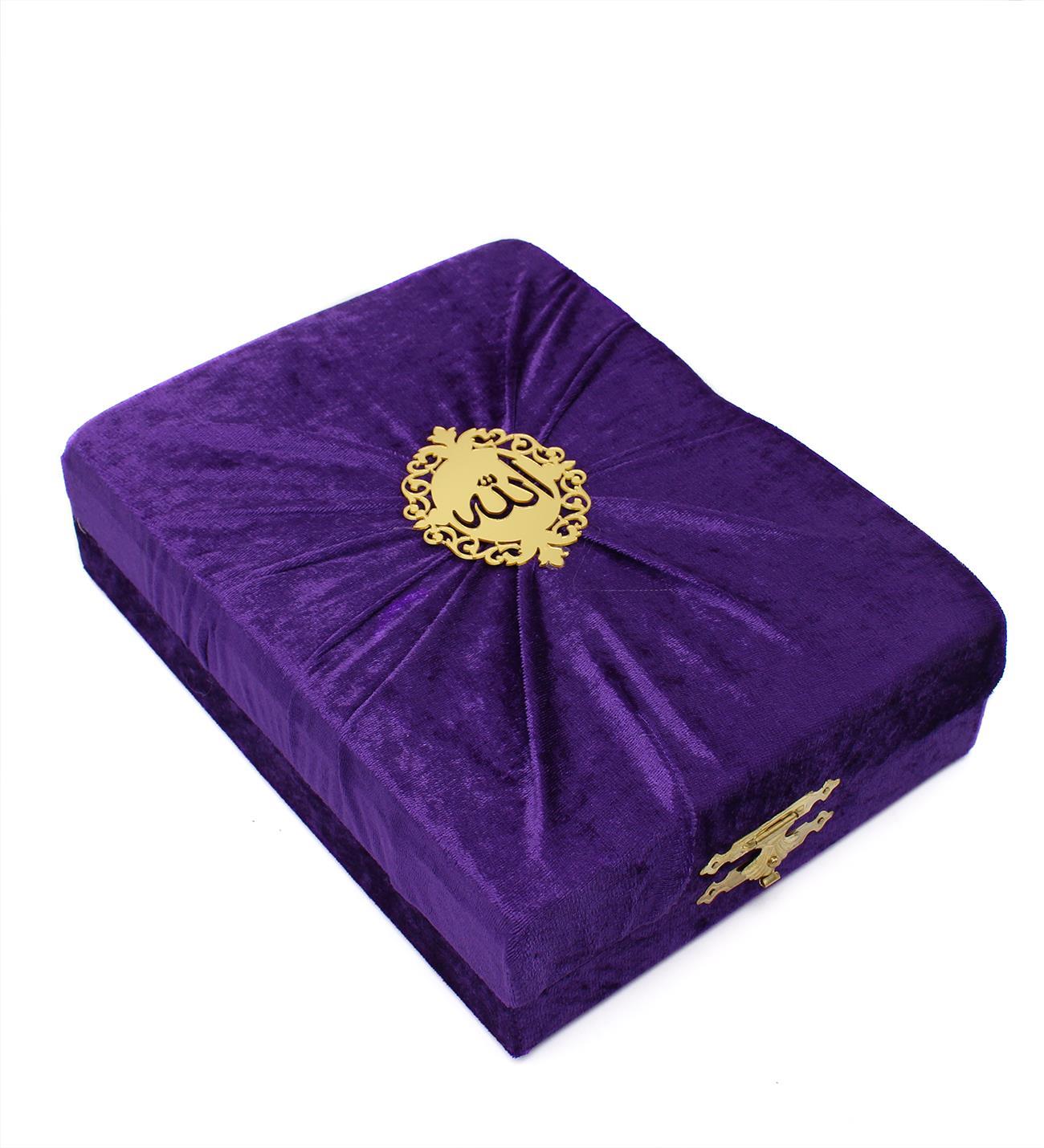 Kişiye Özel Hediyelik Kadife Kutulu Kur'an-ı Kerim Mor Orta Boy