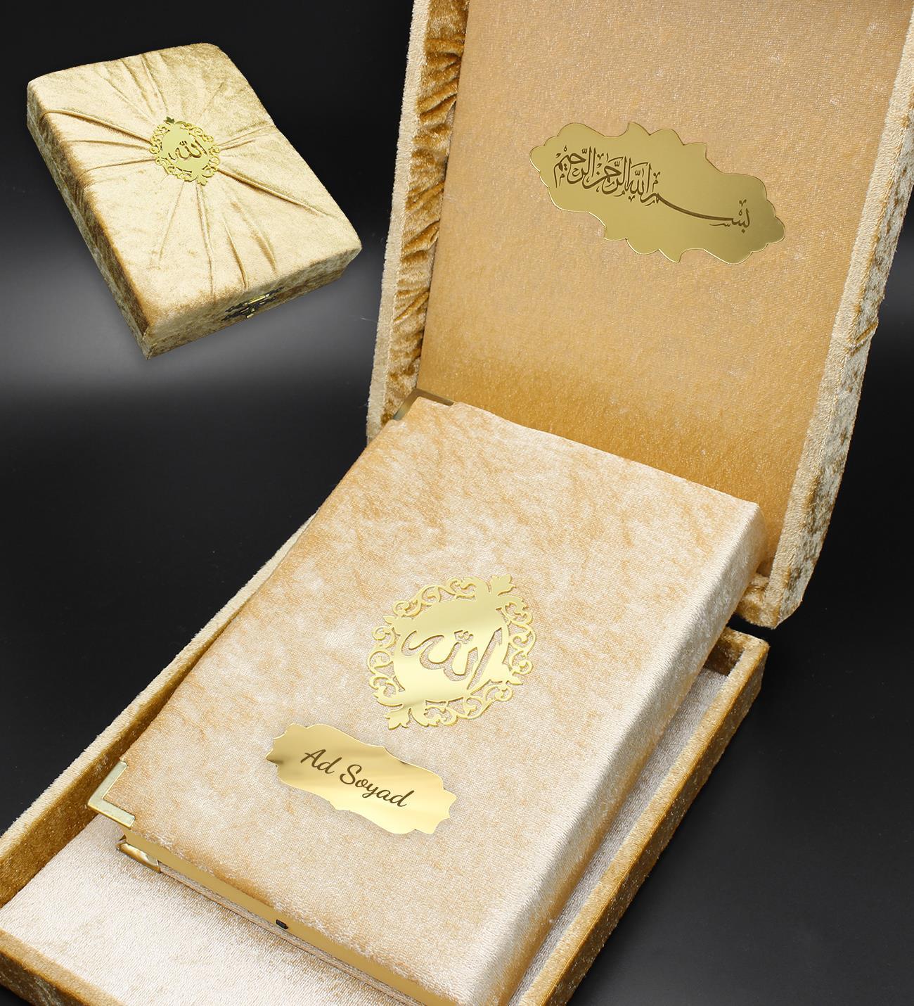Kişiye Özel Hediyelik Kadife Kutulu Kur'an-ı Kerim Gold Orta Boy