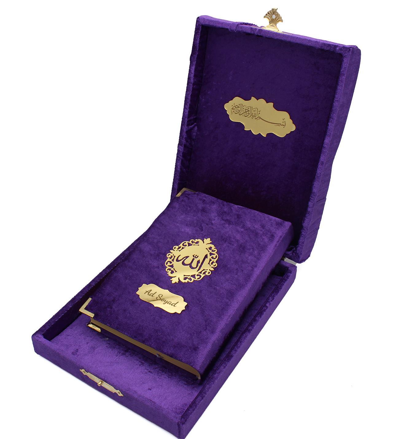 Kişiye Özel Hediyelik Kadife Kutulu Kur'an-ı Kerim Mor Orta Boy