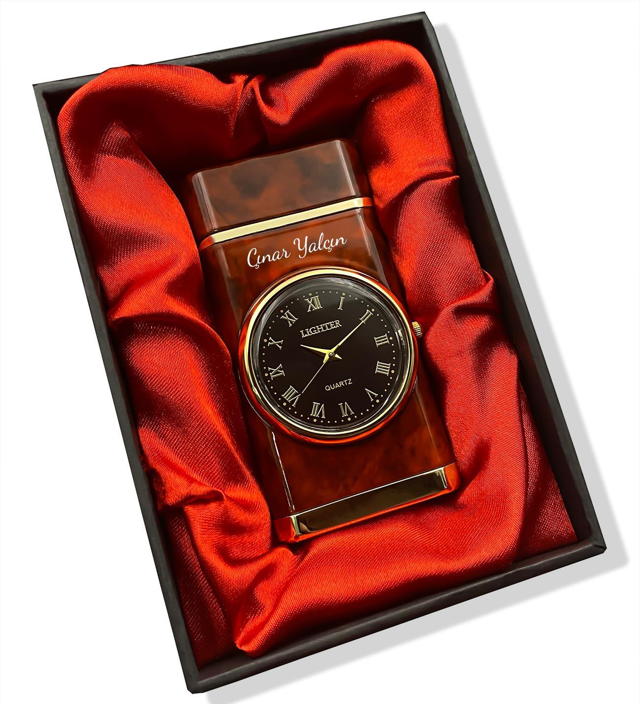 Kişiye Özel Işıklı Saatli Kahverengi Çakmak