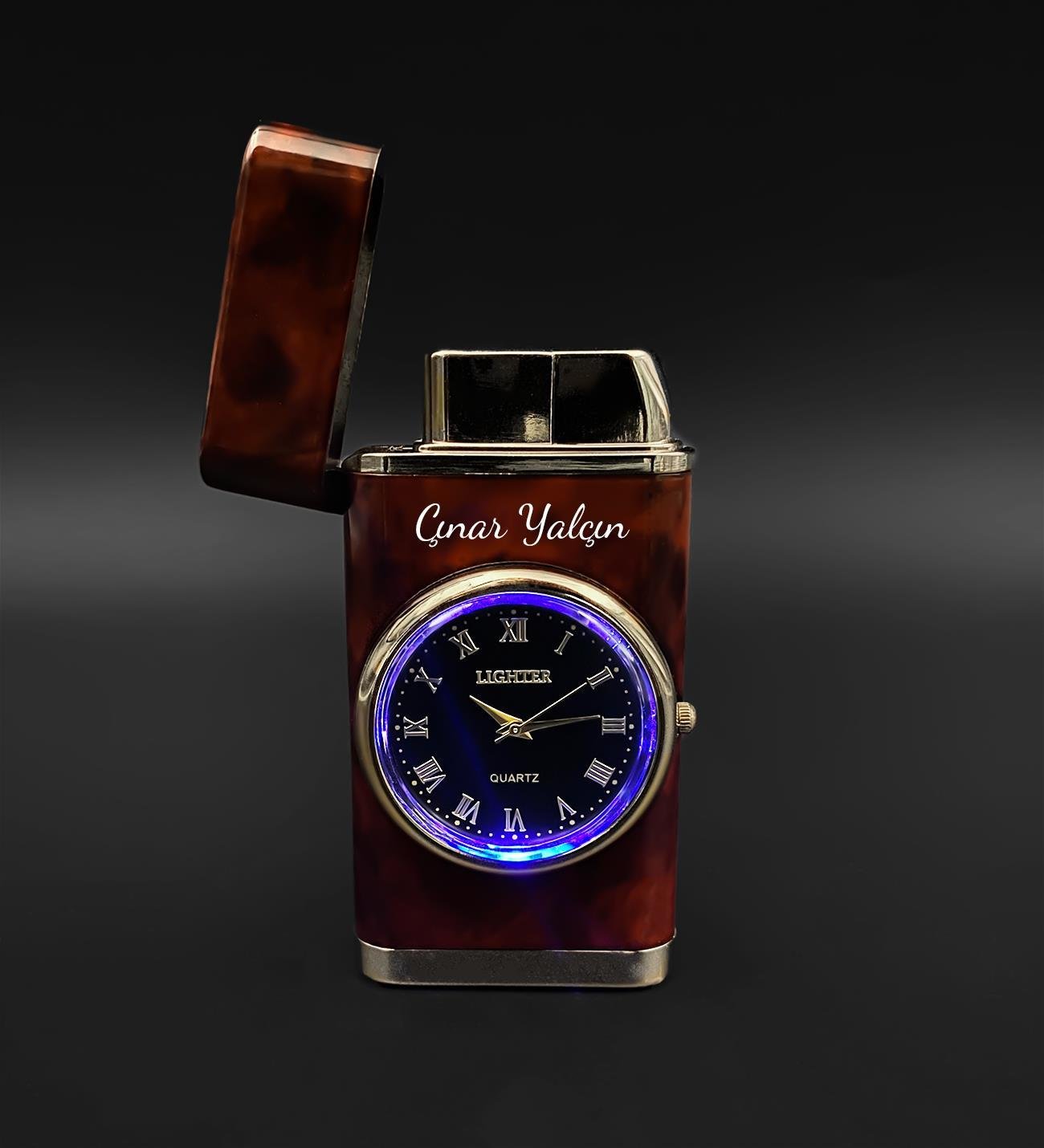 Kişiye Özel Işıklı Saatli Kahverengi Çakmak