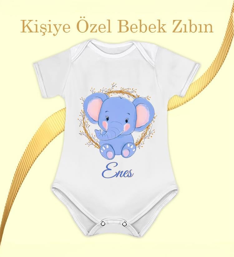 Kişiye Özel İsim Baskılı Beyaz Unisex Bebek Zıbını Fil Baskılı Zıbın Yenidoğan Hediye