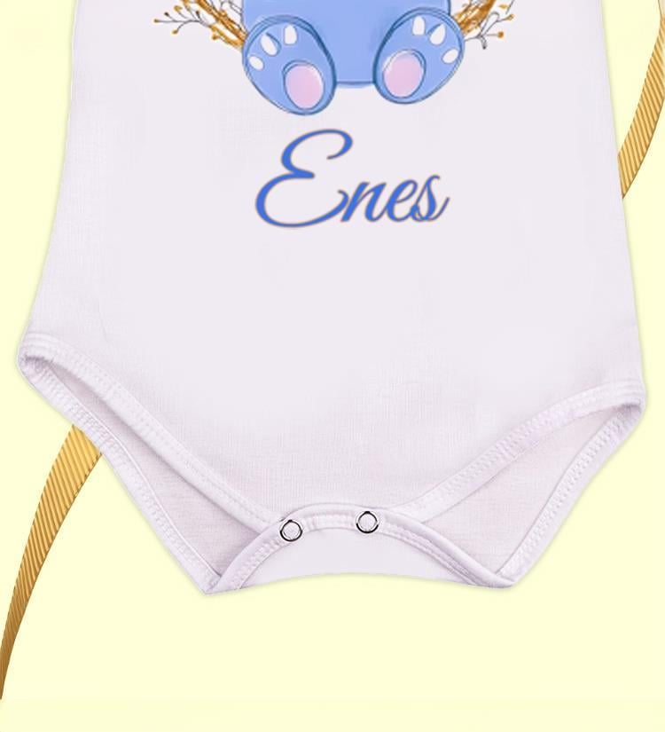 Kişiye Özel İsim Baskılı Beyaz Unisex Bebek Zıbını Fil Baskılı Zıbın Yenidoğan Hediye