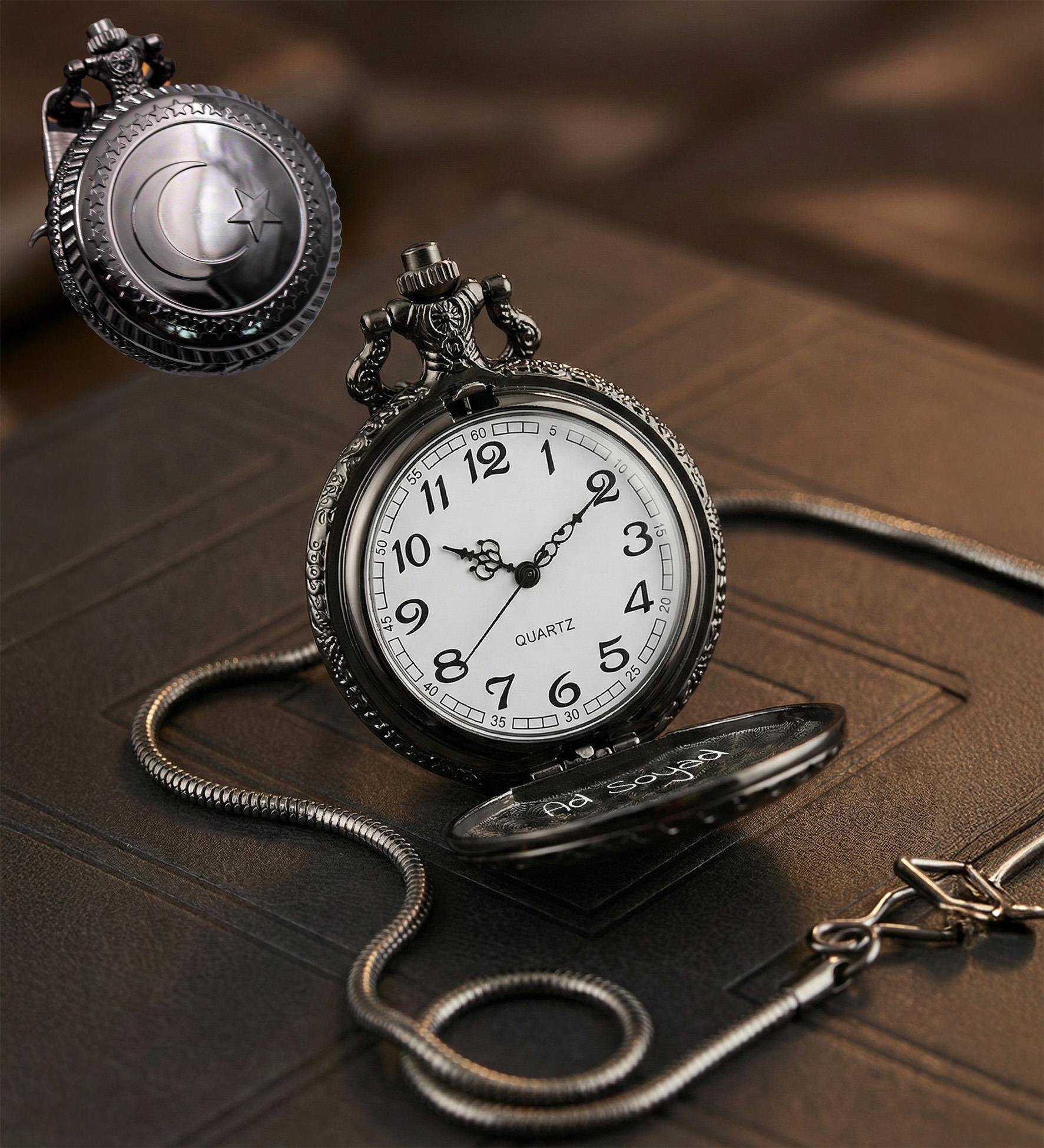 Kişiye Özel İsim Baskılı Siyah Renk Türk Bayraklı Köstekli Cep Saati - Erkeğe Hediye