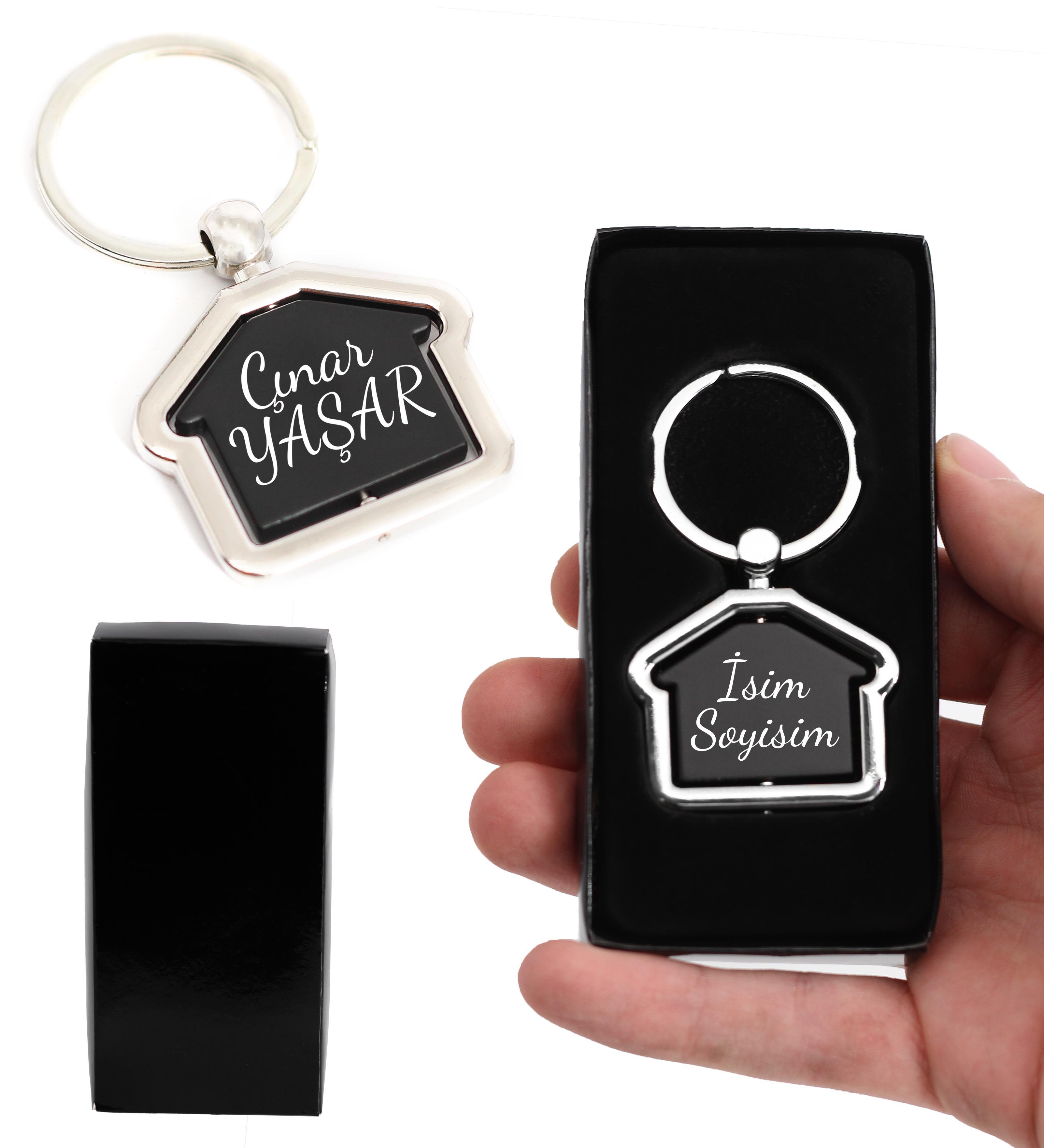 Kişiye Özel İsimli Gümüş Renk Ev Model Kutulu Hediyelik Anahtarlık
