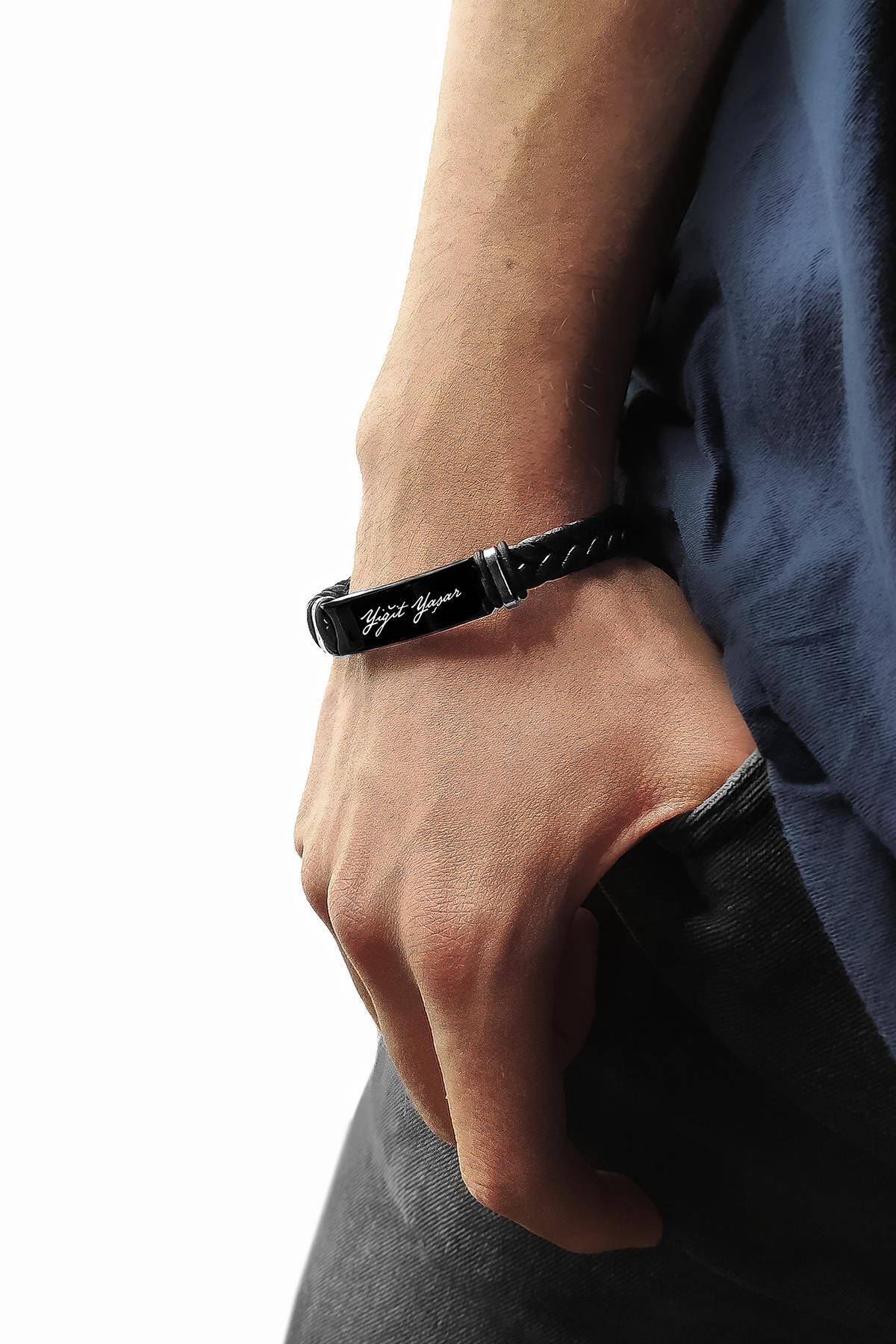Kişiye Özel İsimli Unisex Siyah Bileklik
