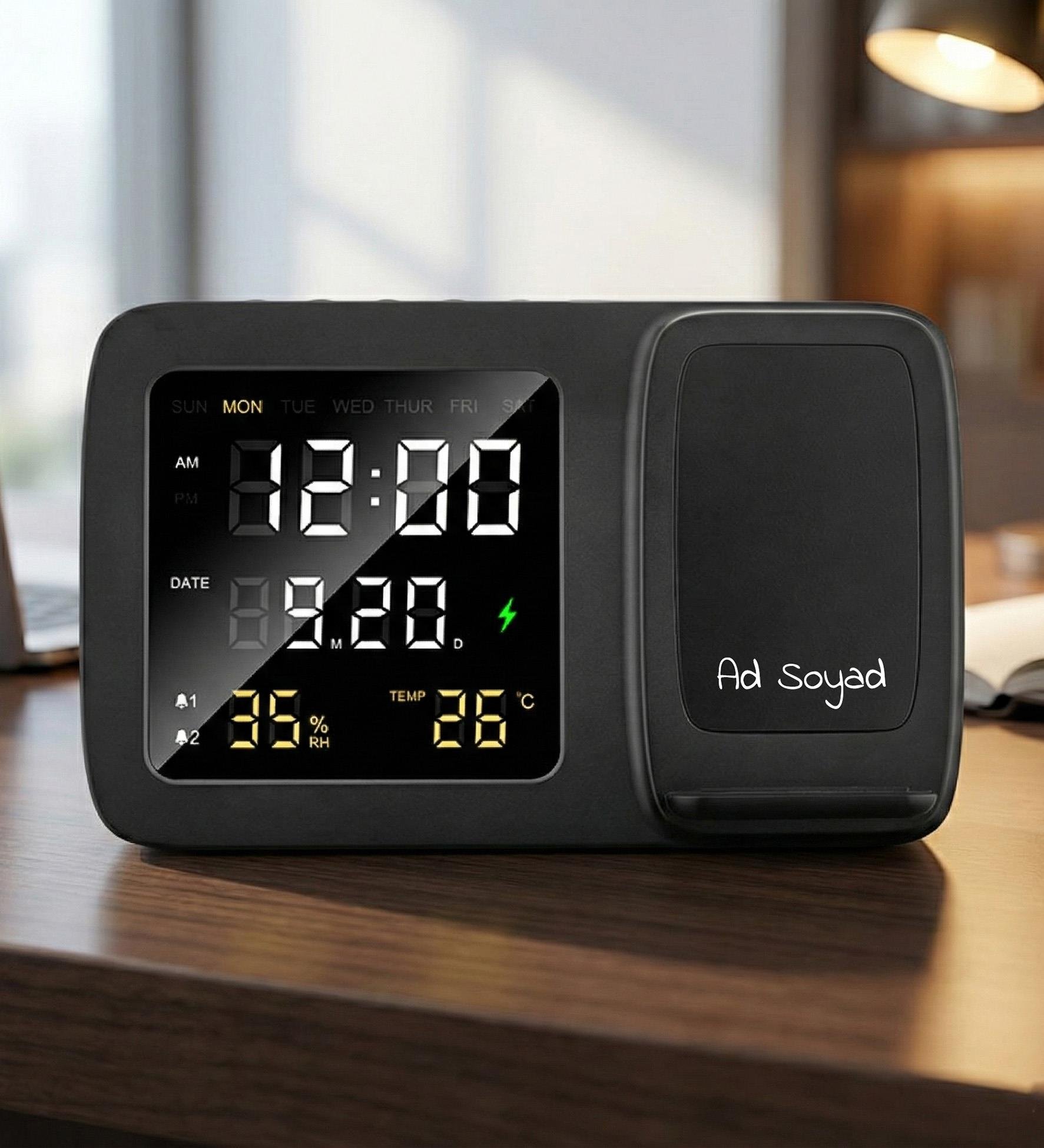Kişiye Özel Kablosuz Şarjlı Dijital Masa Saati – Wireless Şarj İstasyonu, Tarih/Sıcaklık/Nem Göstergeli