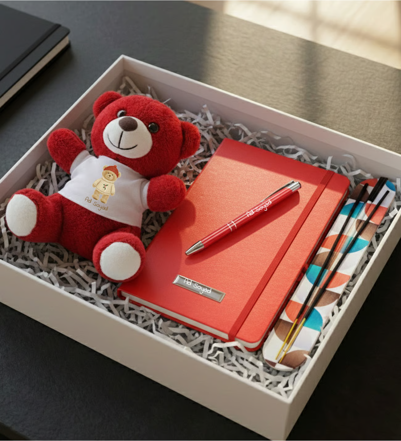 Kişiye Özel Kırmızı Peluş Ayıcık & Kırmızı Defter & Kırmızı Kalem & Tütsü Hediye Seti