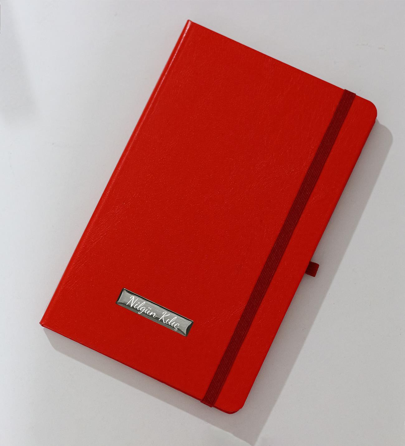 Kişiye Özel Kırmızı Renk Kapaklı Lastikli Çizgili Defter, Not Defteri