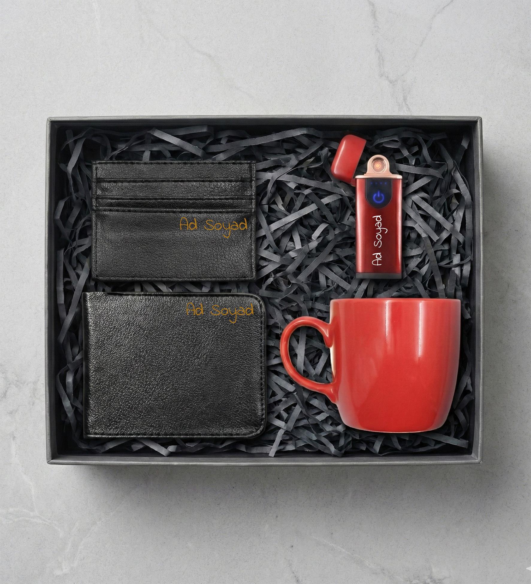 Kişiye Özel Kırmızı USB Çakmak & Erkek Cüzdan & Kartlık & Kırmızı Kupa Erkeğe Hediye Seti