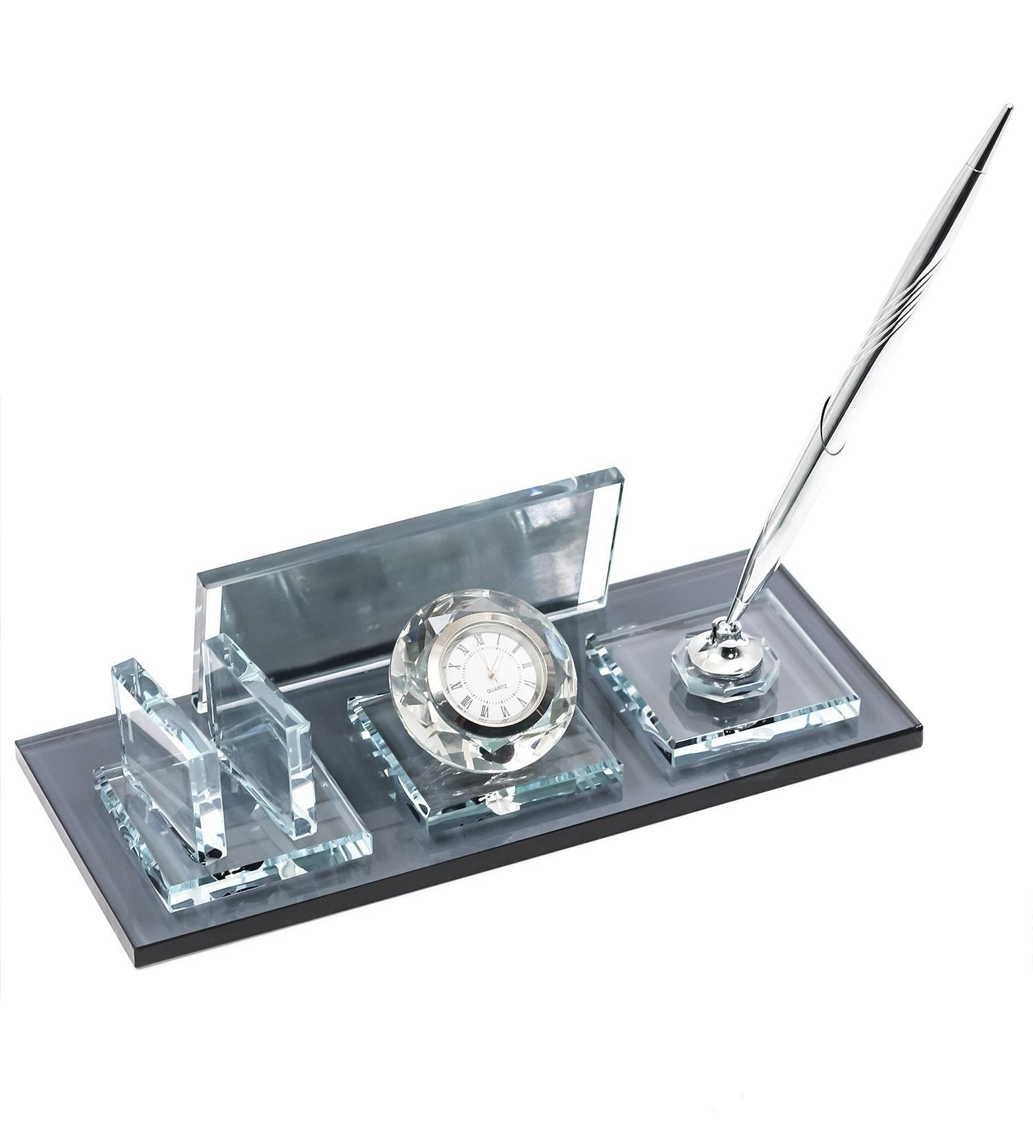 Kişiye Özel Kristal Saatli Masa İsimliği - Masaüstü Kalemli Ofis Hediyesi