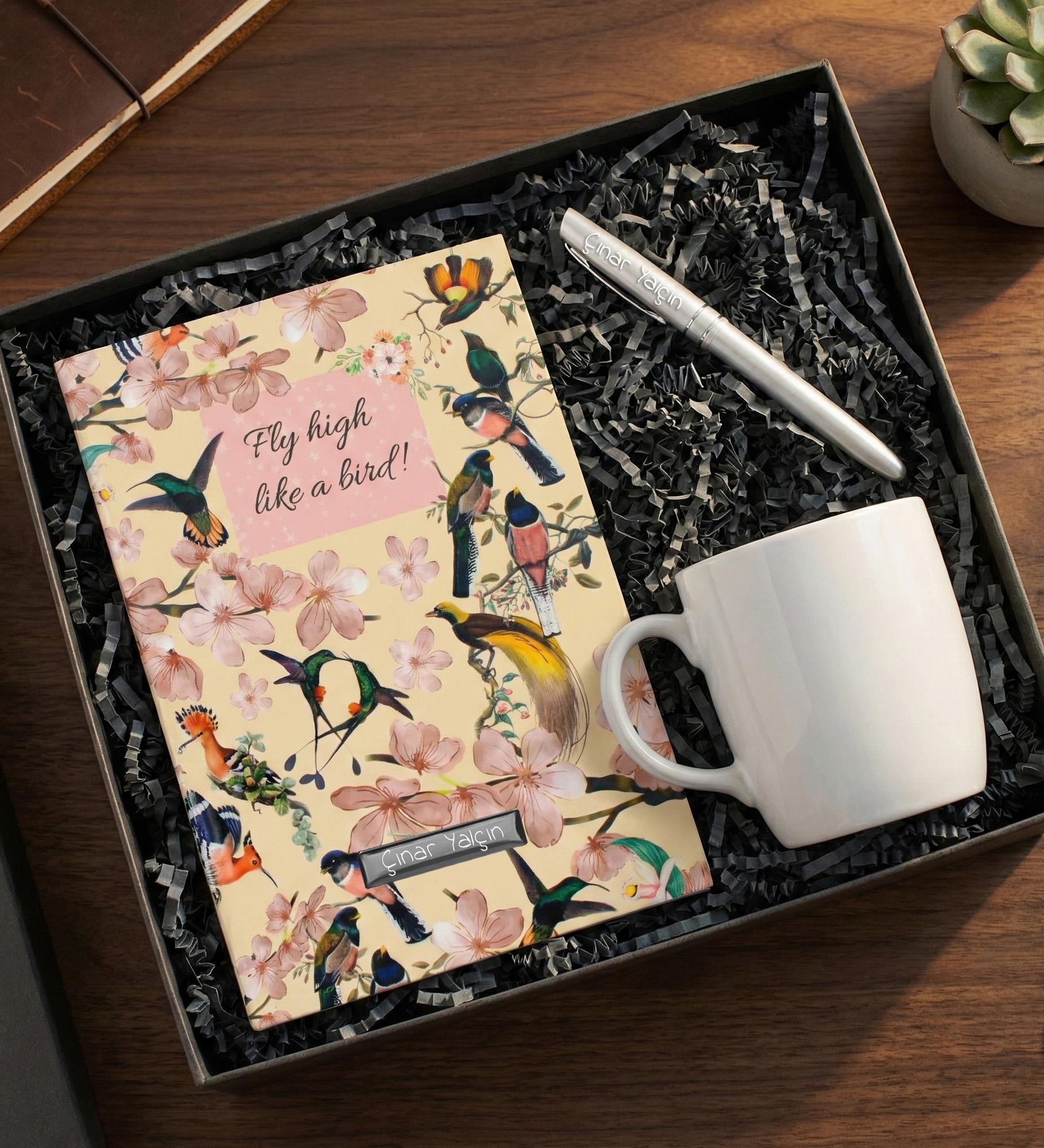 Kişiye Özel Kuş Motifli Defter & Gümüş Renk Kalem & Beyaz Kupa Ofis Hediye Seti