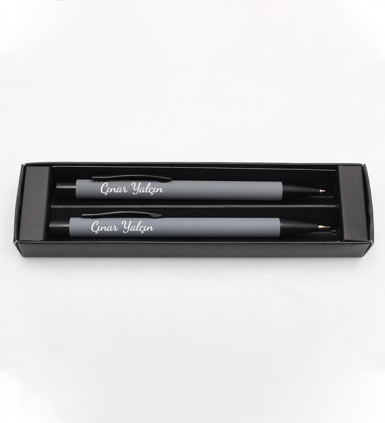 Kişiye Özel Kutulu 2'li Gri Kalem Seti ( Versatil Uçlu Kalem & Tükenmez Kalem )
