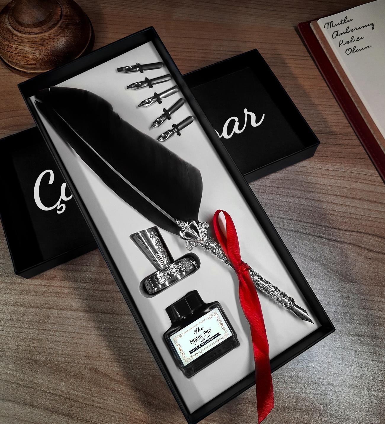 Kişiye Özel Kutulu Masaüstü Tüylü Siyah Divit Kalem & Mürekkep Hediye Seti