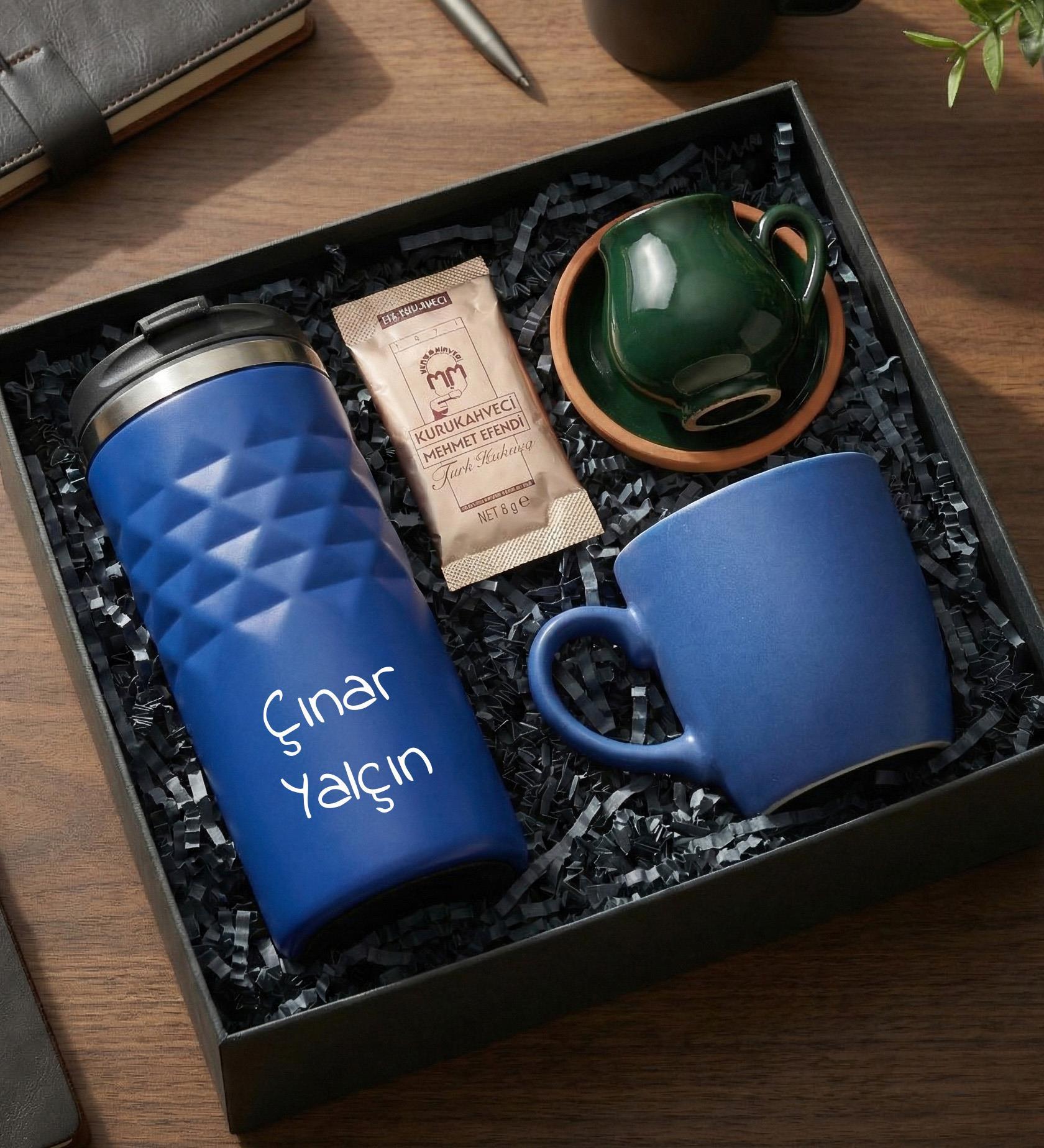 Kişiye Özel Mavi Geometrik Termos & Mavi Kupa & El Yapımı Petrol Yeşili Türk Kahve Fincanı & Kahve Hediye Seti