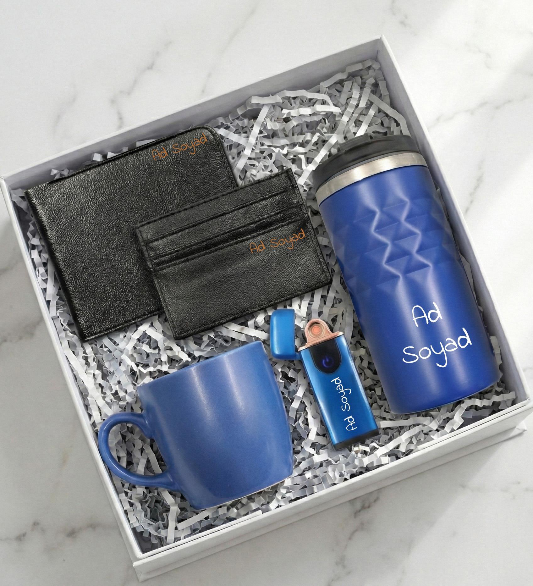 Kişiye Özel Mavi Geometrik Termos & USB Çakmak & Kupa & Cüzdan & Kartlık Erkeğe Hediye Seti