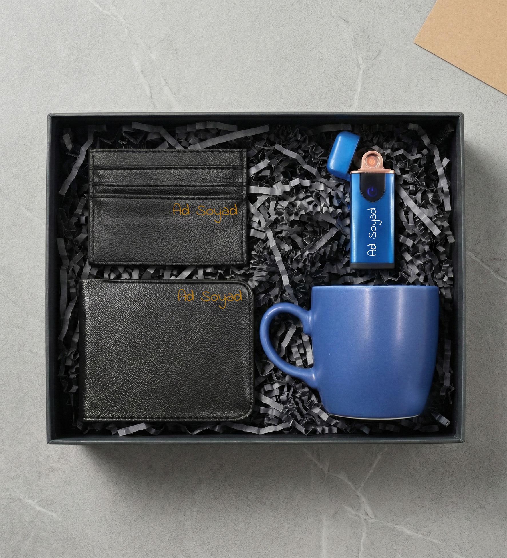 Kişiye Özel Mavi USB Çakmak & Erkek Cüzdan & Kartlık & Mavi Kupa Erkeğe Hediye Seti