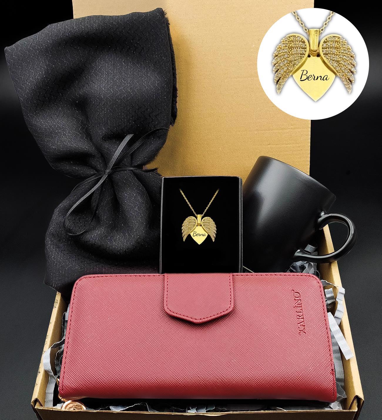 Kişiye Özel Melek Kanat Kalp Kolye & Şal & Bordo Kadın Cüzdan & Siyah Kupa Hediye Seti