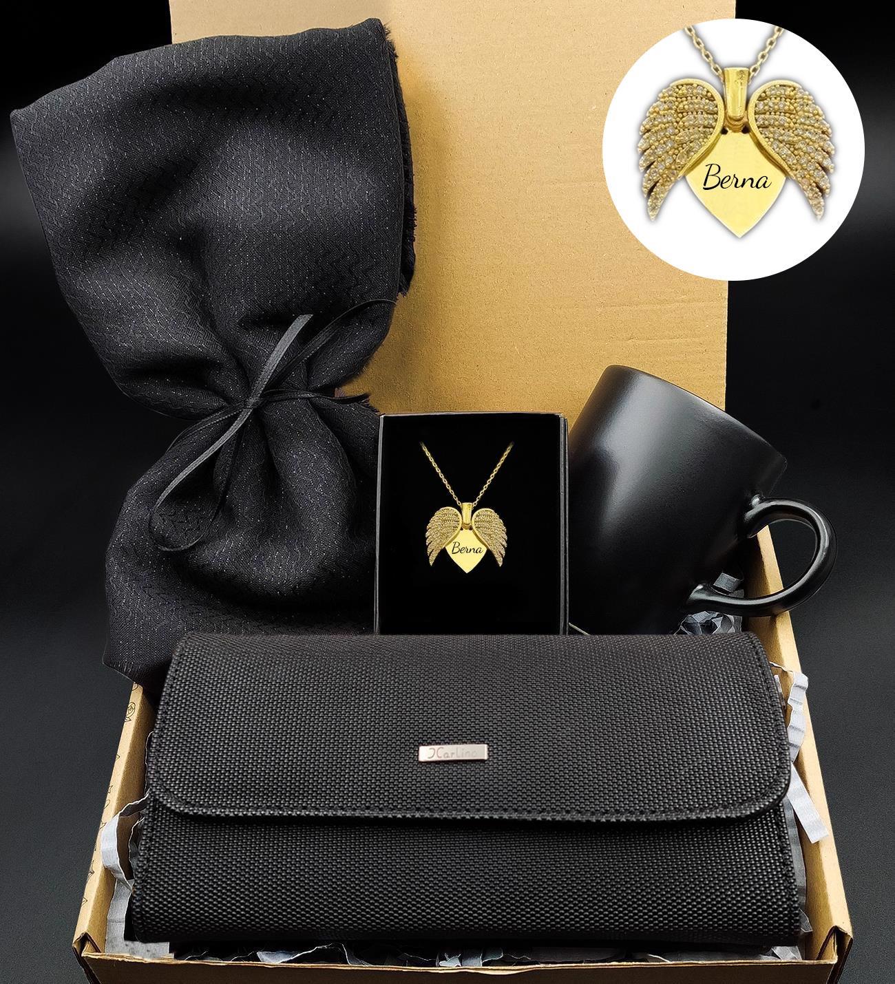 Kişiye Özel Melek Kanat Kalp Kolye & Şal & Siyah Kadın Cüzdan & Siyah Kupa Hediye Seti
