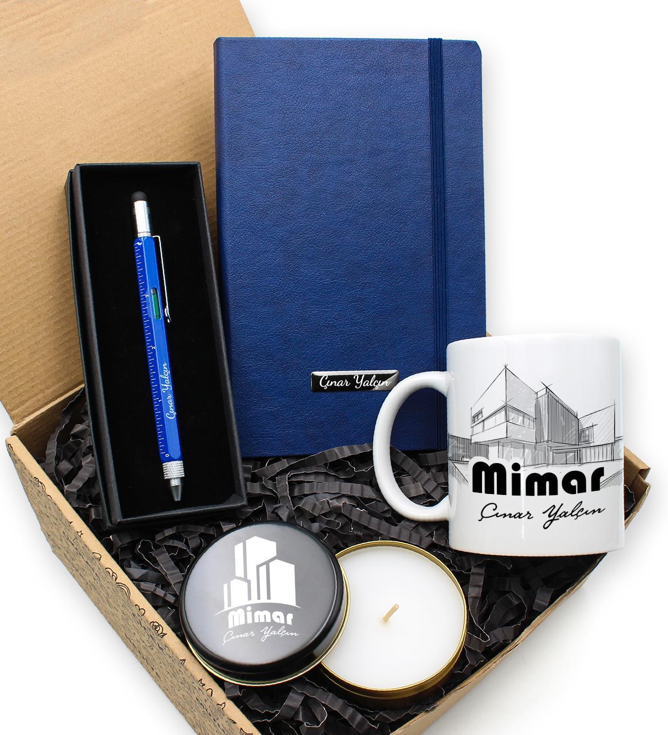 Kişiye Özel Mimar Kupa & Mavi Mimar Kalemi & Mavi Defter & Metal Mimar Mum Hediye Seti