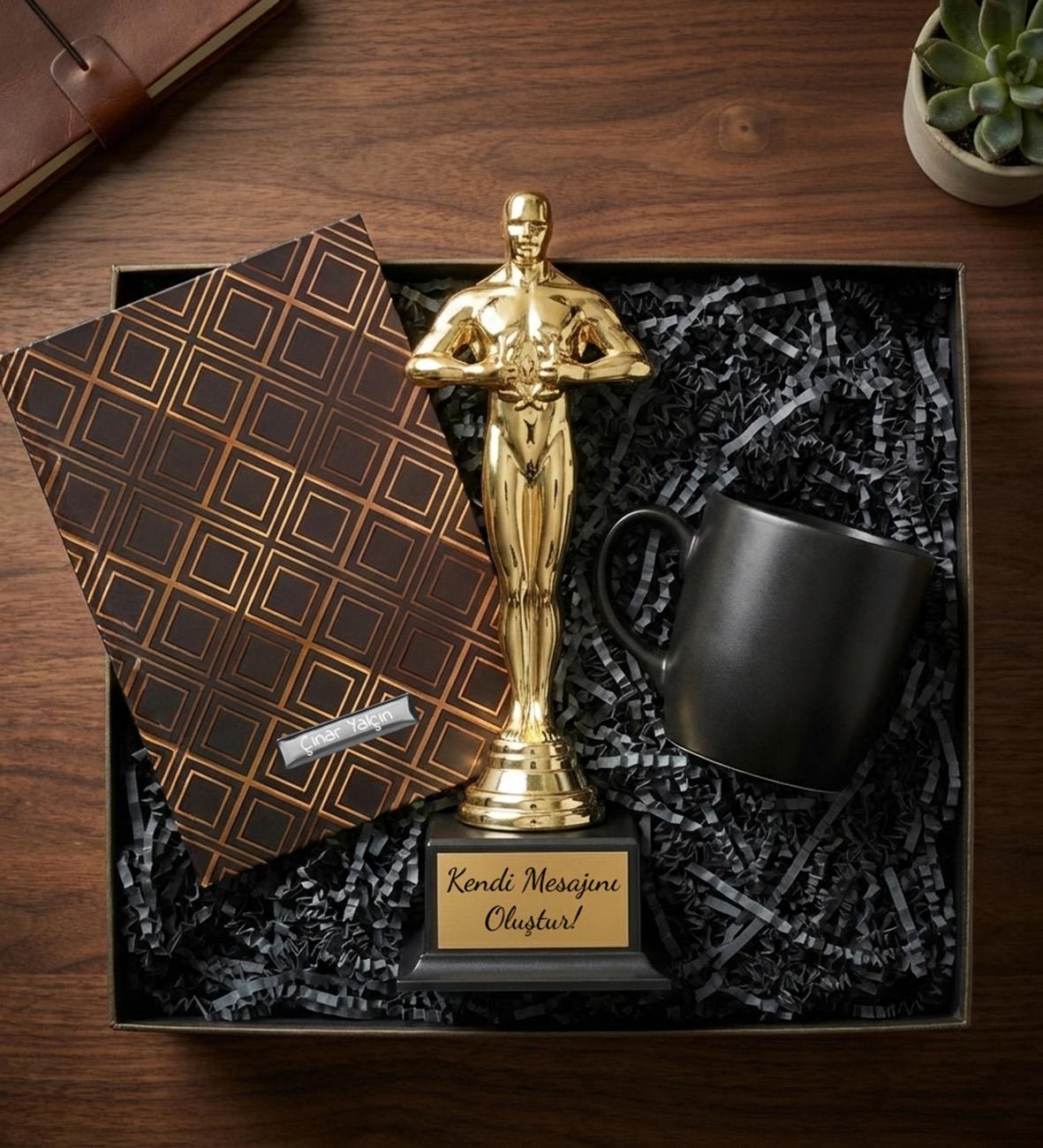 Kişiye Özel Oscar Ödül Heykeli & Gold Defter & Siyah Kupa Hediye Seti