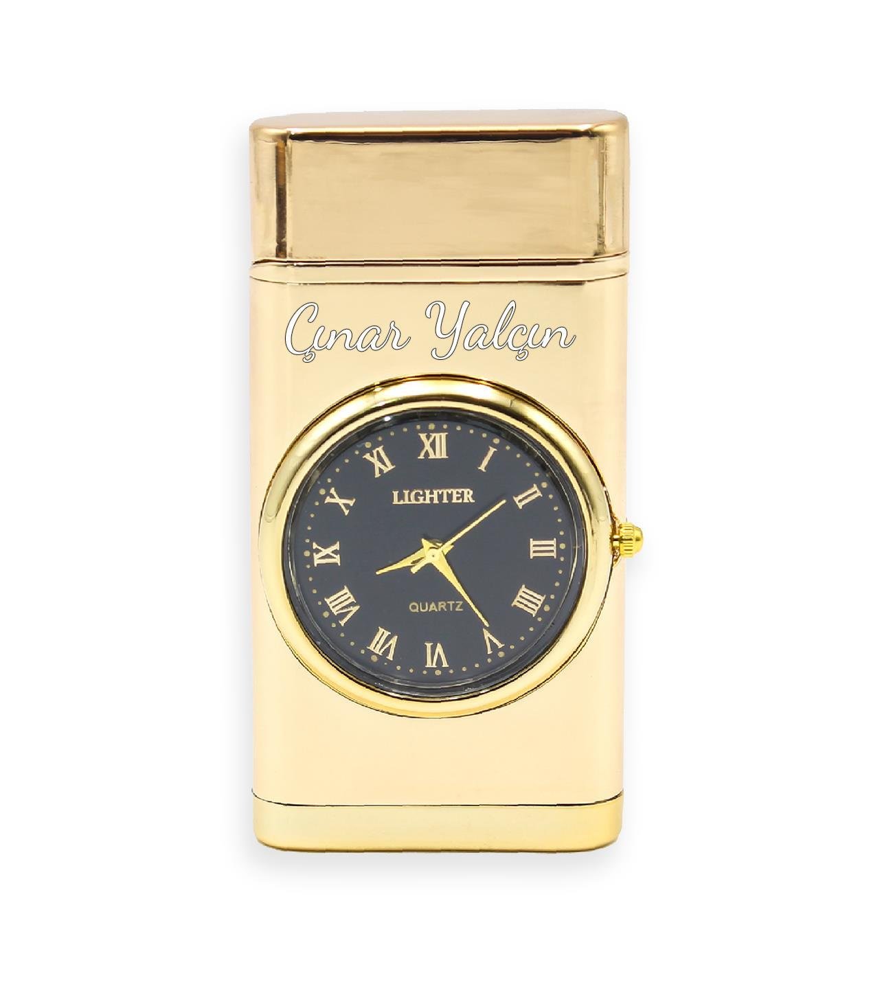 Kişiye Özel Pürmüz Alevli Gold Metalik Renk Saatli Çakmak