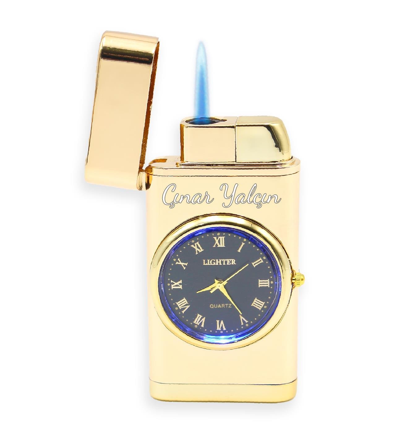 Kişiye Özel Pürmüz Alevli Gold Metalik Renk Saatli Çakmak