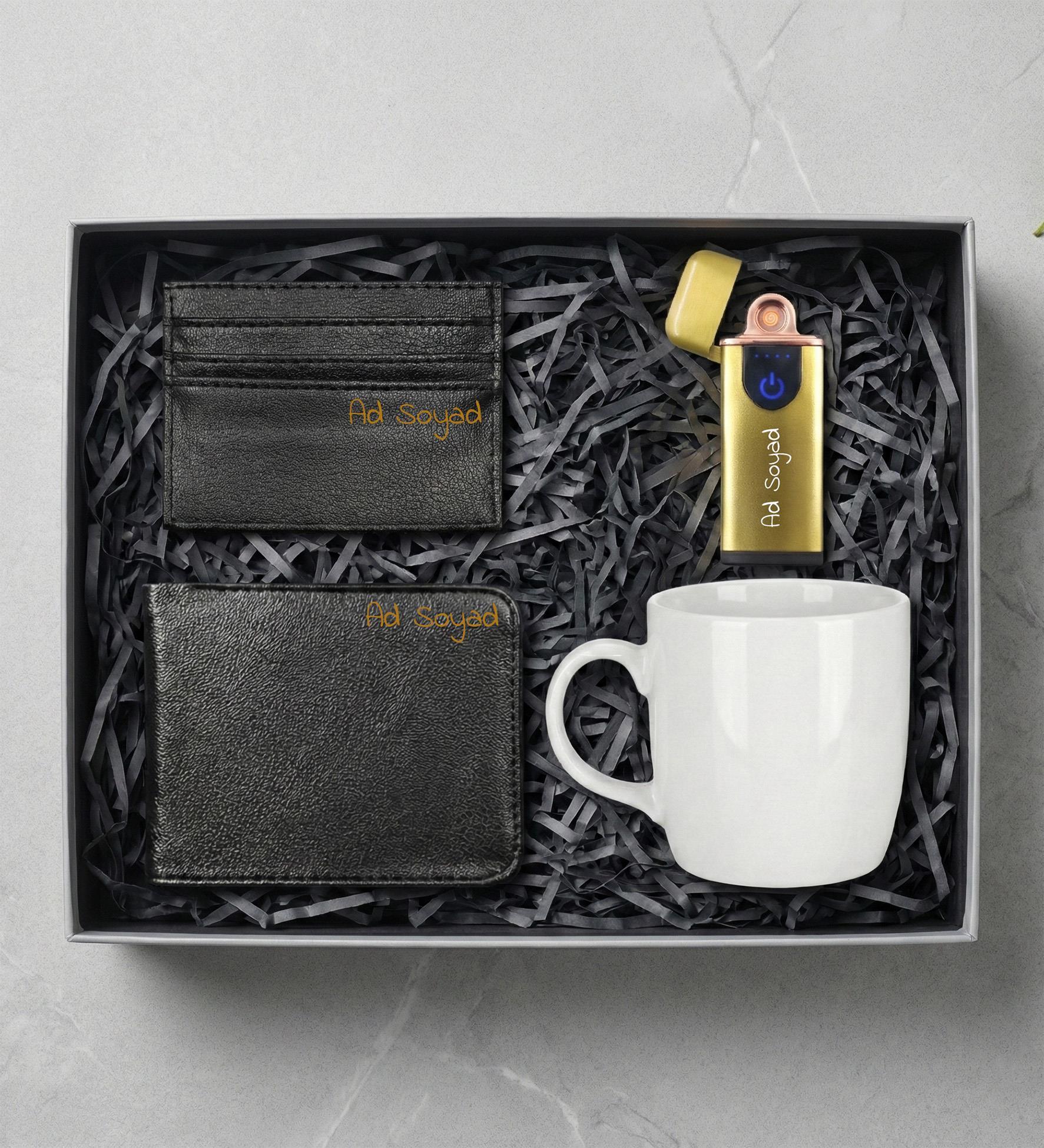 Kişiye Özel Sarı USB Çakmak & Erkek Cüzdan & Kartlık & Beyaz Kupa Erkeğe Hediye Seti