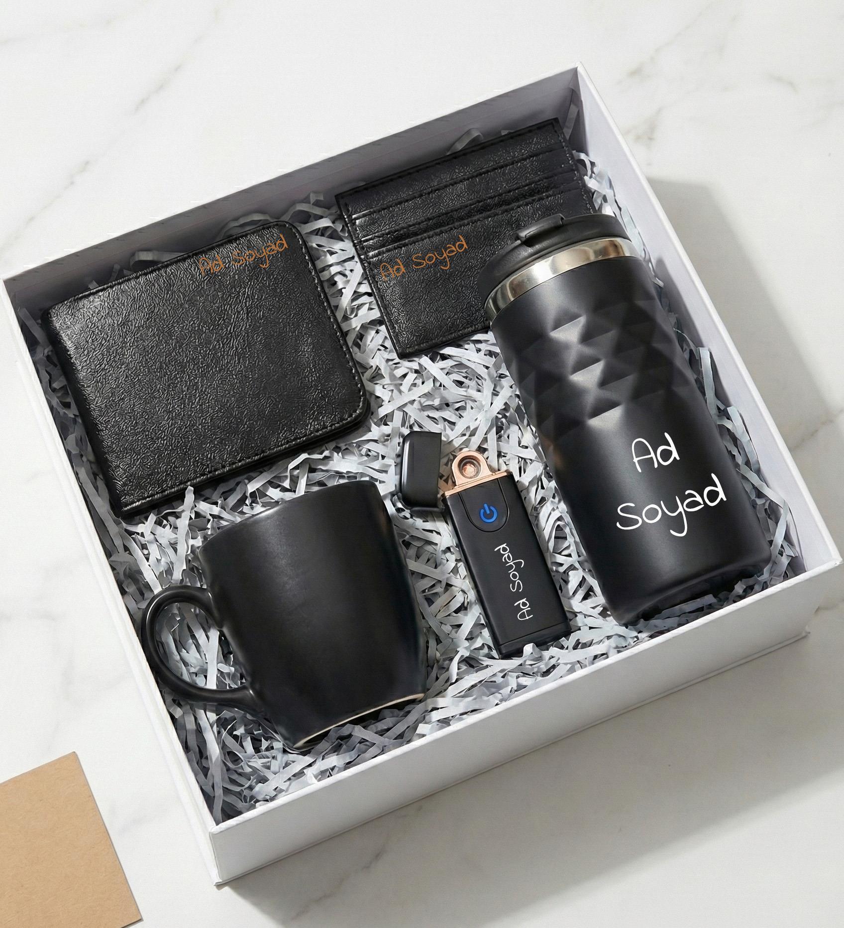 Kişiye Özel Siyah Geometrik Termos & USB Çakmak & Kupa & Cüzdan & Kartlık Erkeğe Hediye Seti