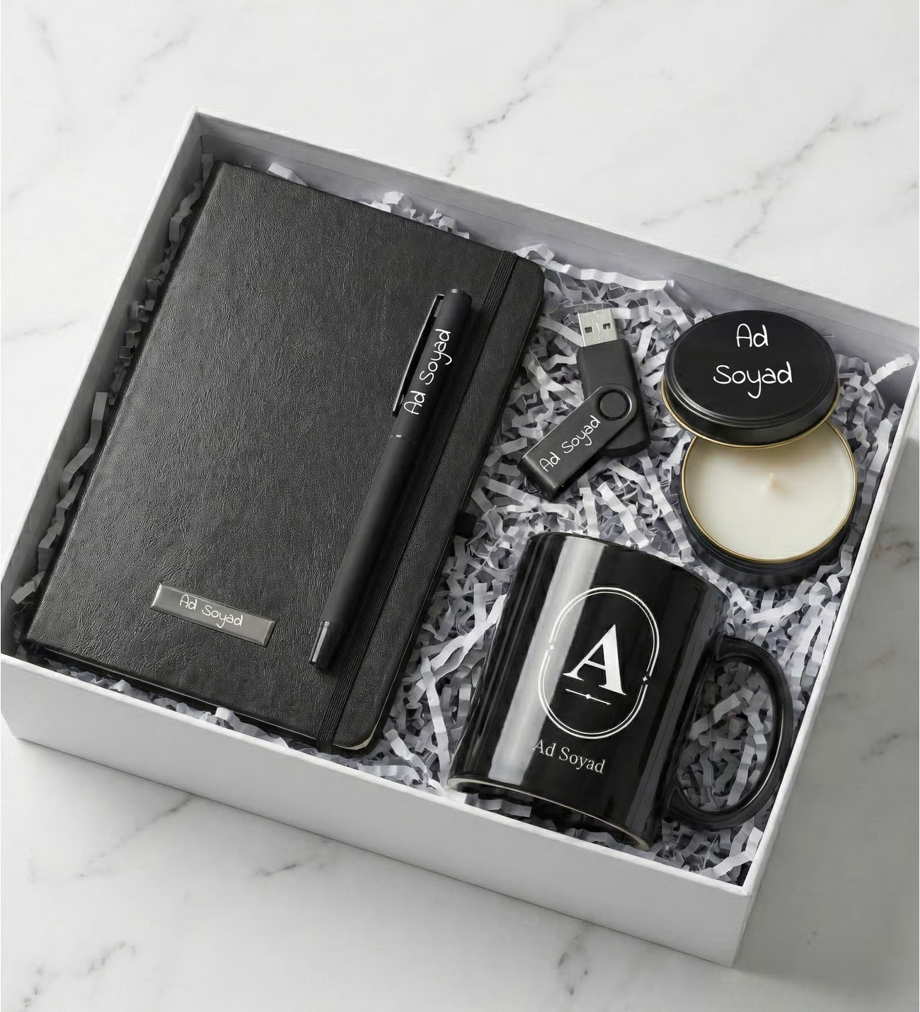Kişiye Özel Siyah Kupa Bardak & 32 GB USB Bellek & Defter & Kalem & Metal Kutulu Mum Hediye Seti