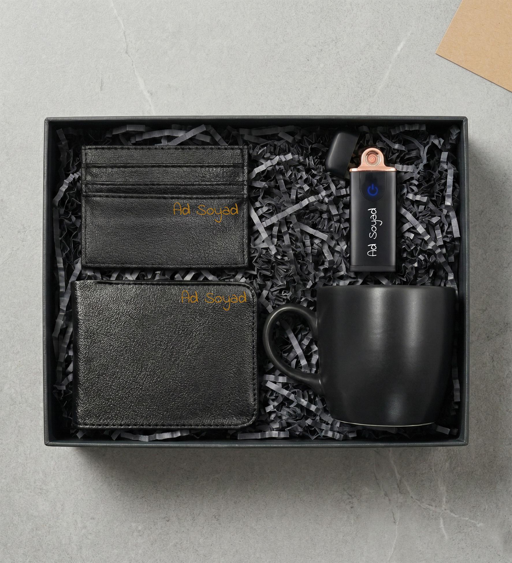 Kişiye Özel Siyah USB Çakmak & Erkek Cüzdan & Kartlık & Siyah Kupa Erkeğe Hediye Seti