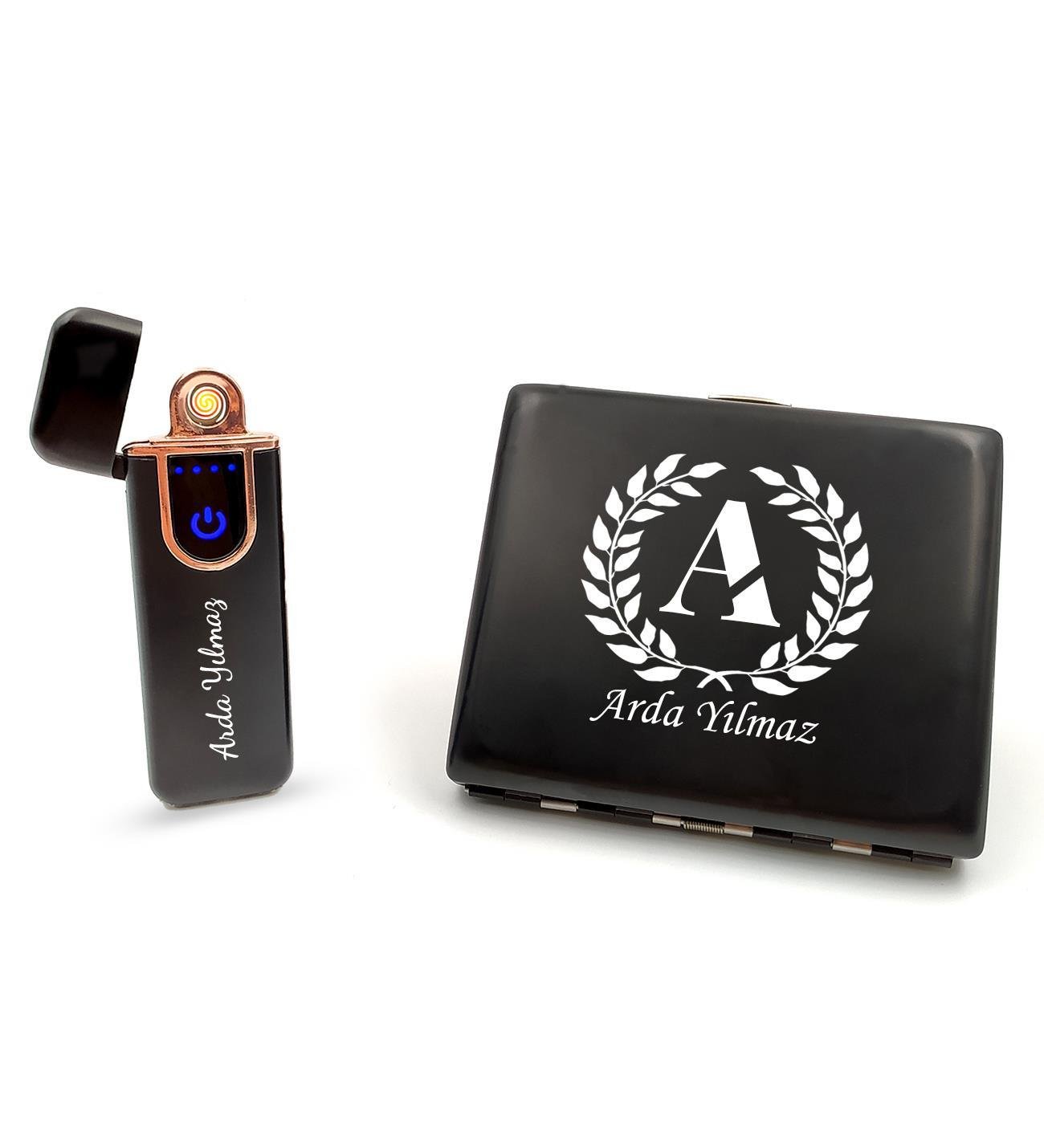 Kişiye Özel Siyah USB Dokunmatik Çakmak & Metal Tabaka Hediye Seti