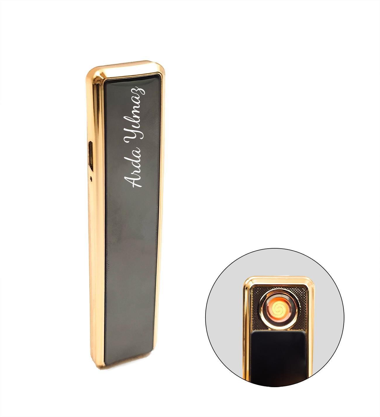 Kişiye Özel Siyah USB Sürgülü Çakmak & Metal Tabaka Hediye Seti