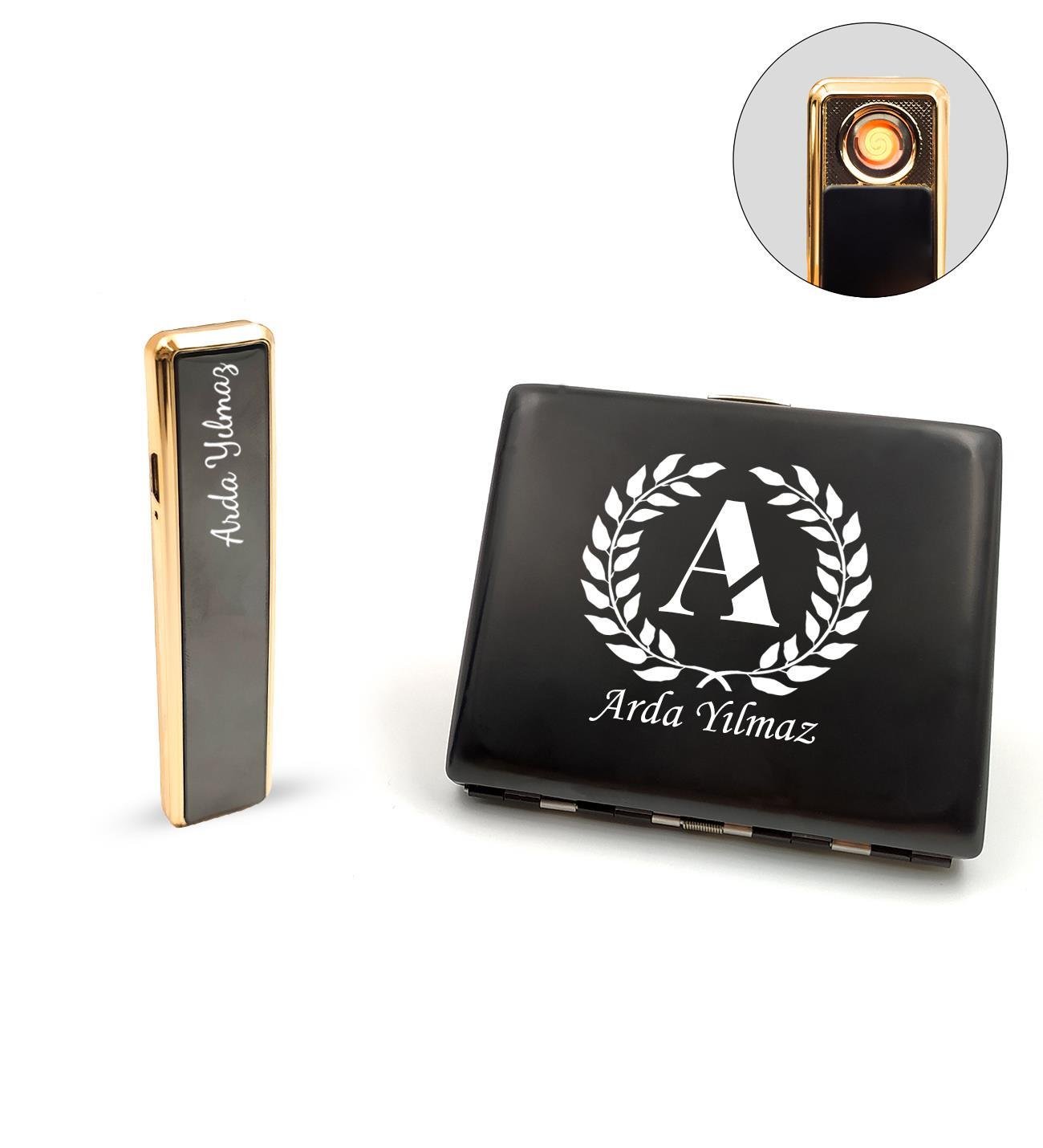 Kişiye Özel Siyah USB Sürgülü Çakmak & Metal Tabaka Hediye Seti