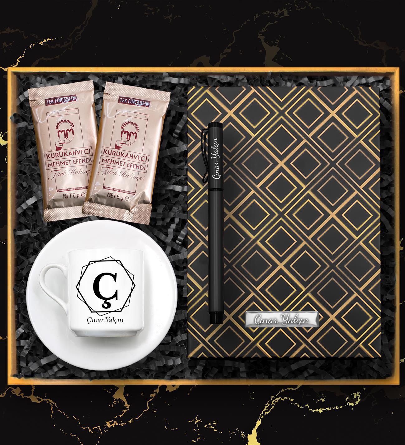 Kişiye Özel Tasarım Fincan & Gold Kare Desenli Defter & Roller Kalem & 2'li Türk Kahvesi Hediye Seti