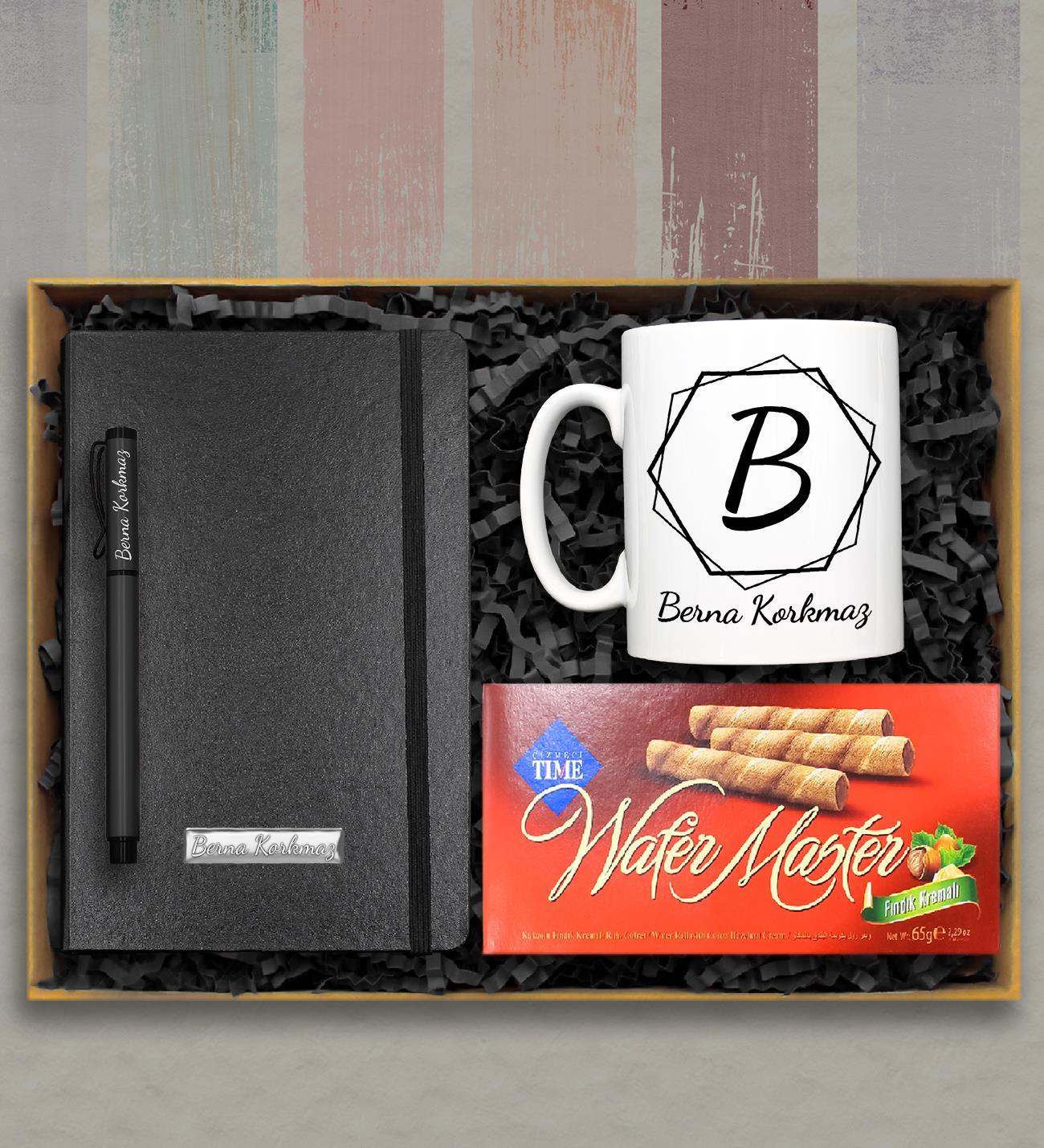 Kişiye Özel Tasarım Kupa & Siyah Defter & Siyah Roller Kalem & Wafer Master Rulo Gofret Hediye Seti