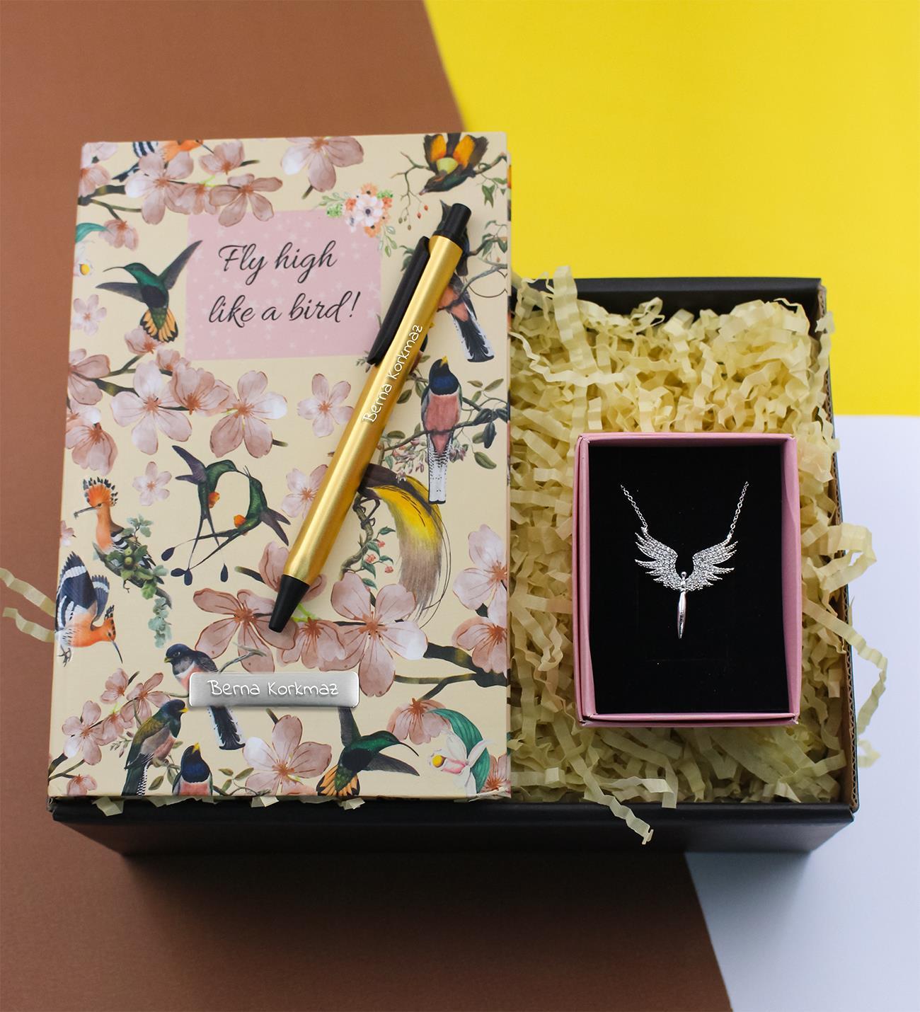Kişiye Özel Tasarım Kuş Desenli Defter, Gold Kalem ve Mikail Melek Kolye Hediye Seti