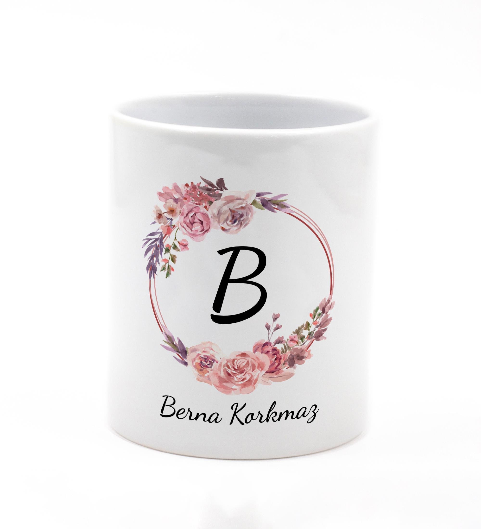 Kişiye Özel Tasarımlı Çiçek Çelenkli Porselen Masaüstü Kalemlik 9,5cm