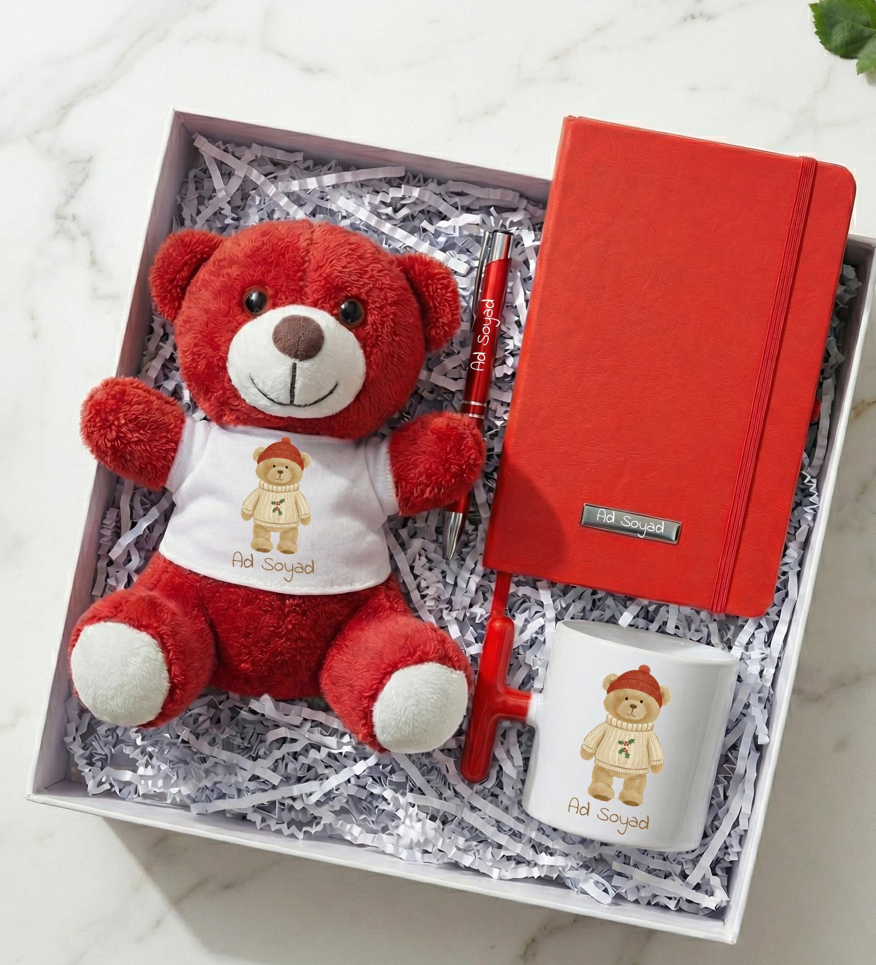 Kişiye Özel Tişörtlü Kırmızı Peluş Ayıcık & T Kulplu Kupa & Kırmızı Defter & Kalem Hediye Seti