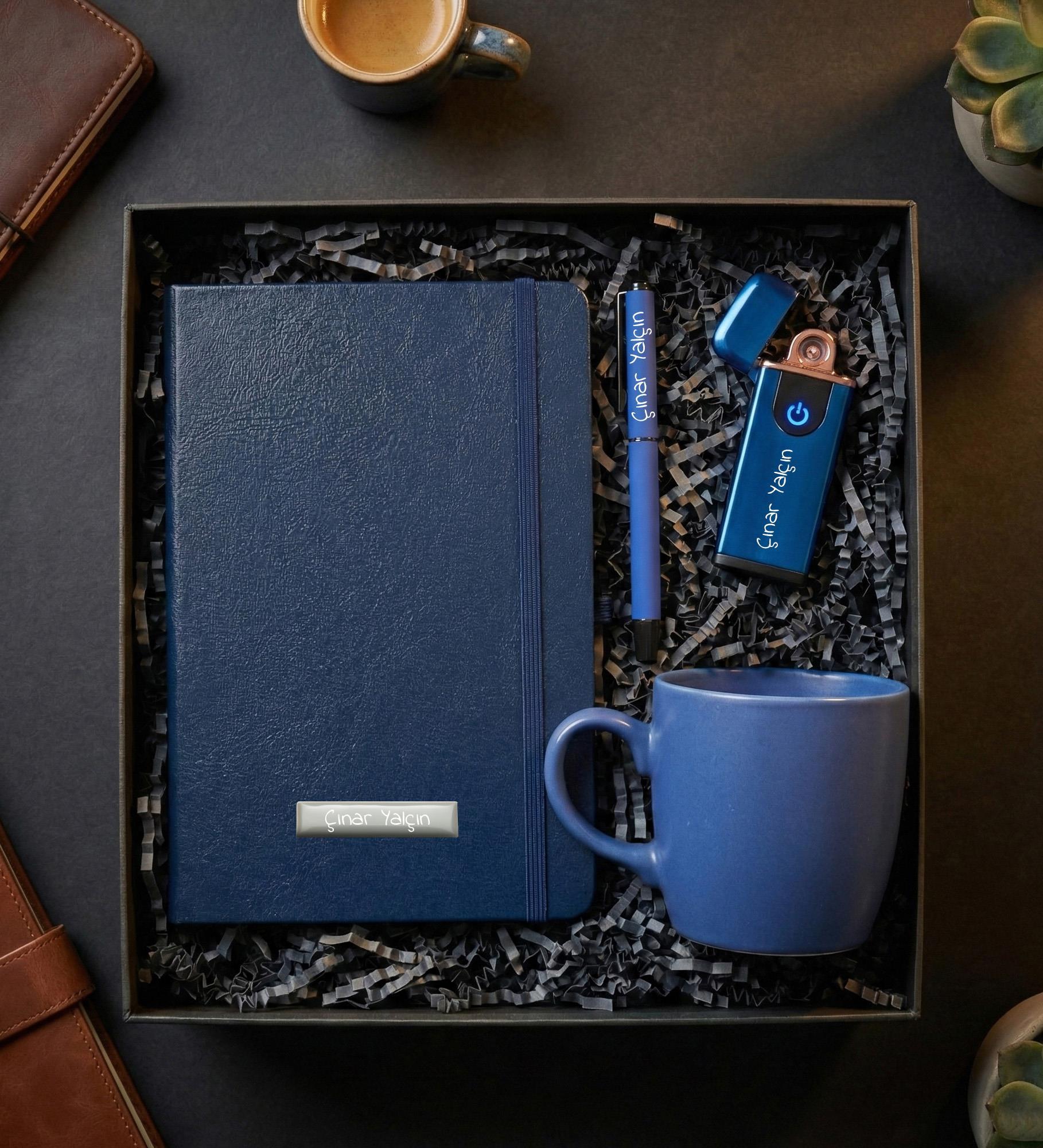 Kişiye Özel USB Çakmak & Defter & Kupa & Kalem Premium Hediye Seti - Mavi