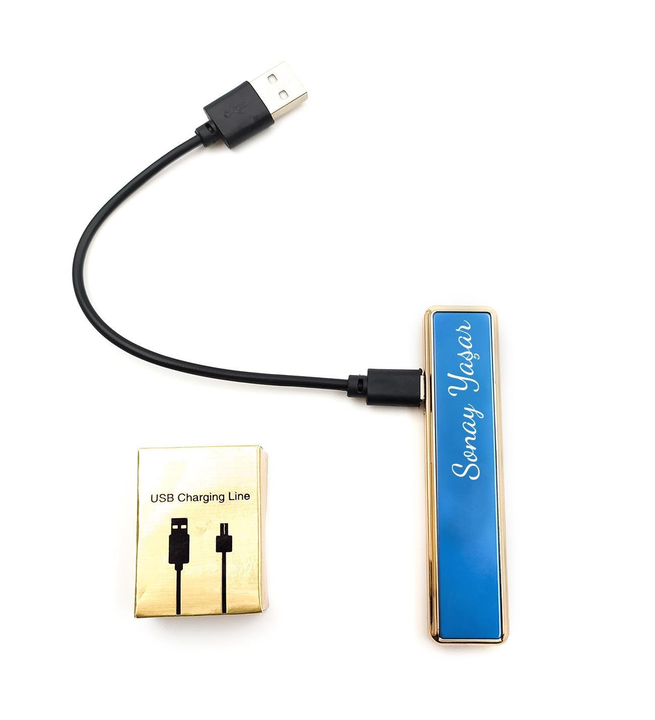 Kişiye Özel USB Şarjlı Mavi Sürgülü Çakmak