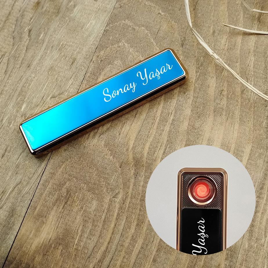 Kişiye Özel USB Şarjlı Mavi Sürgülü Çakmak