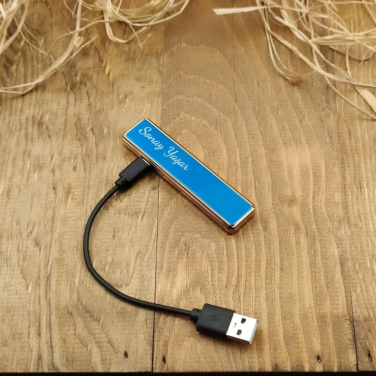 Kişiye Özel USB Şarjlı Mavi Sürgülü Çakmak