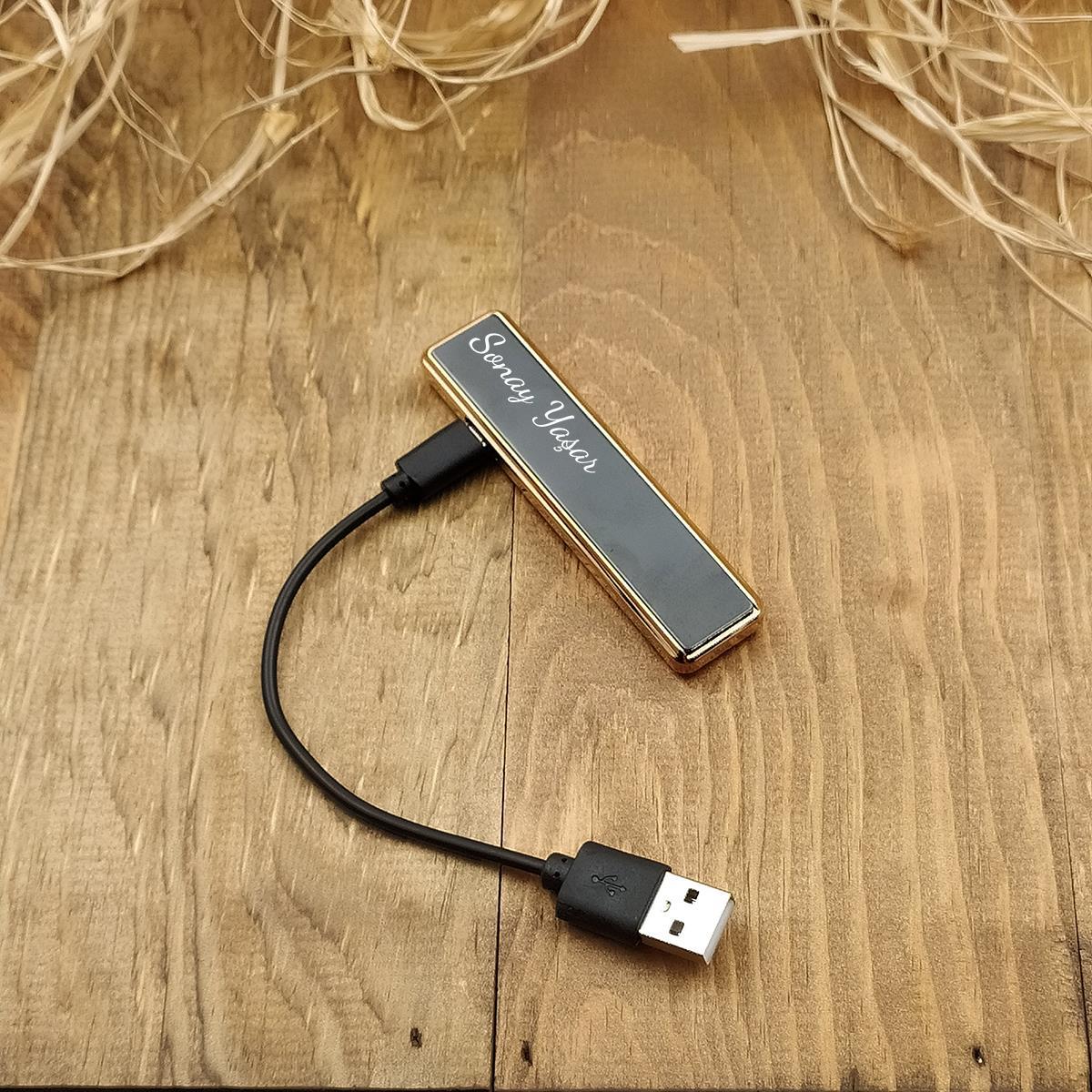 Kişiye Özel USB Şarjlı Siyah Sürgülü Çakmak 