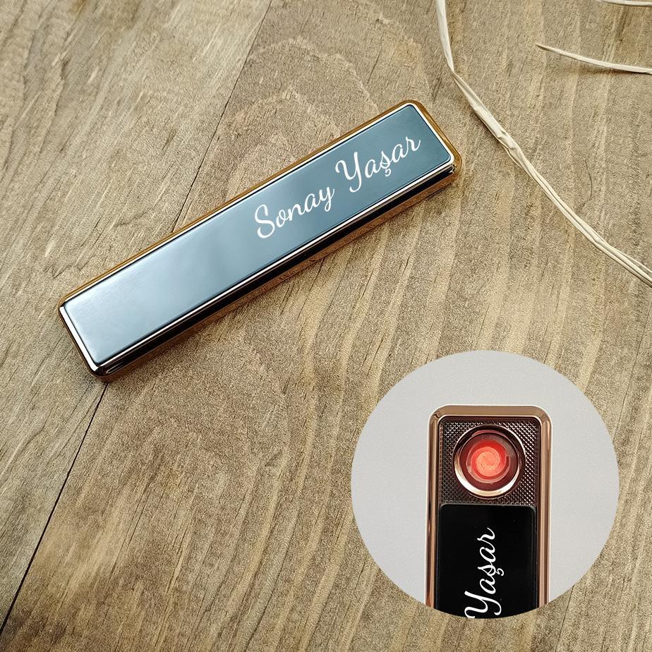 Kişiye Özel USB Şarjlı Siyah Sürgülü Çakmak 