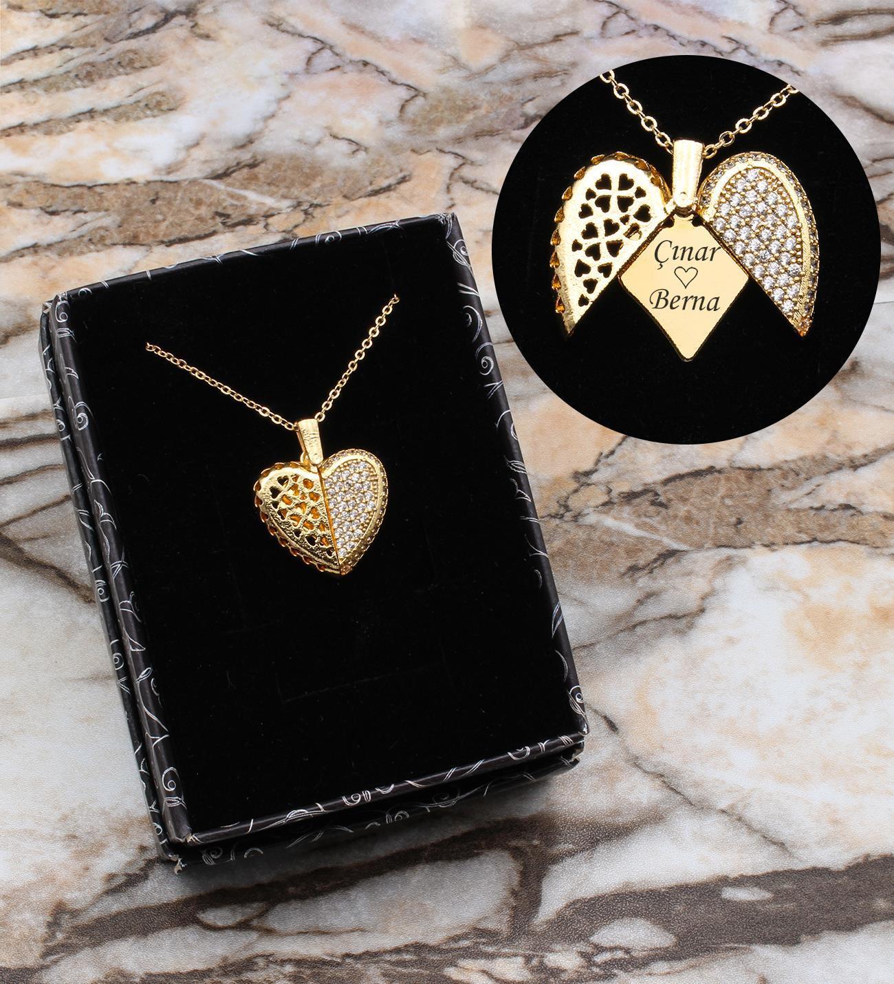 Kişiye Özel Zirkon Taşlı Açılır Kalp Kolye - Sevgiliye Özel Hediye Kolye