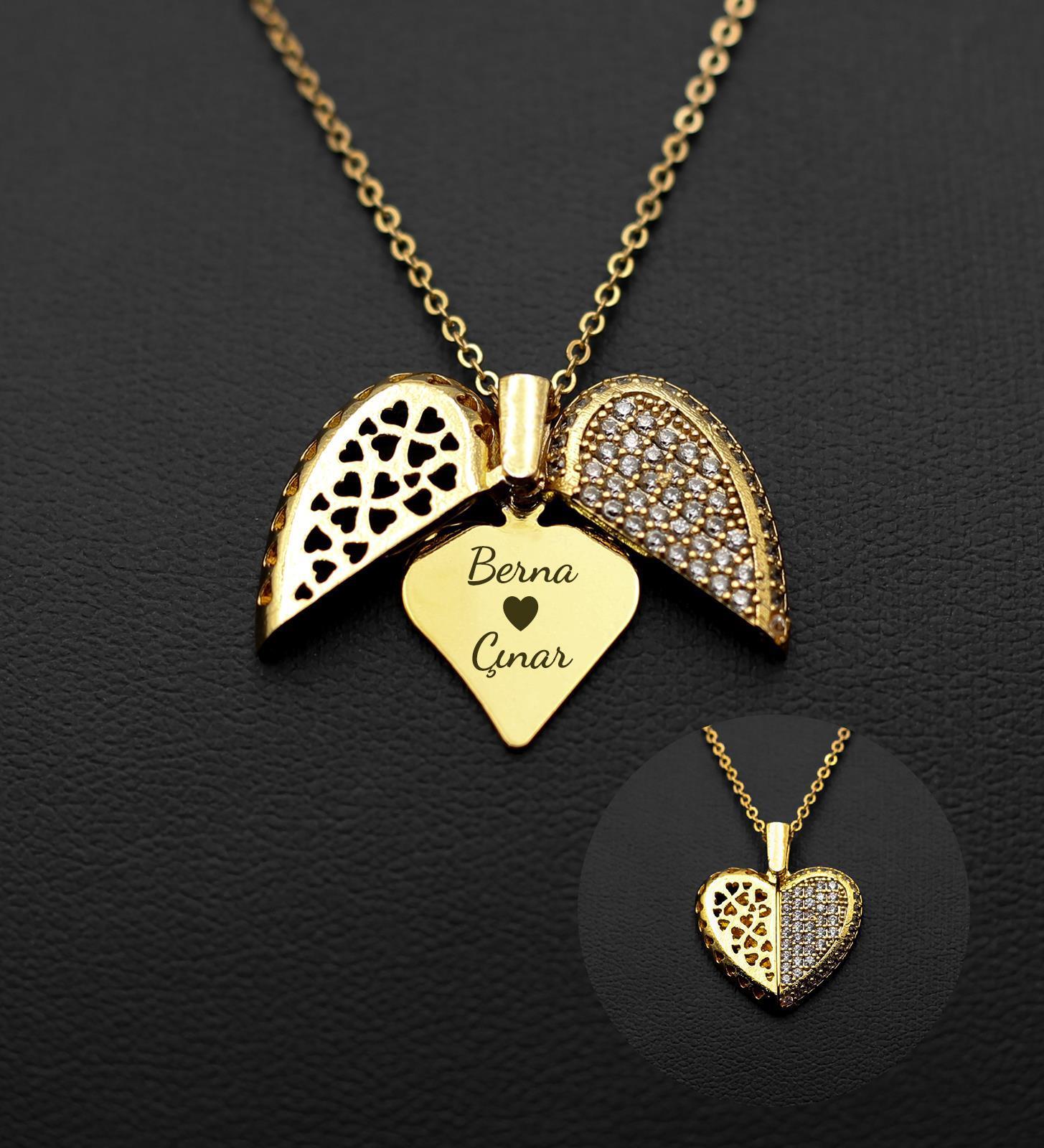 Kişiye Özel Zirkon Taşlı Açılır Kalp Kolye - Sevgiliye Özel Hediye Kolye